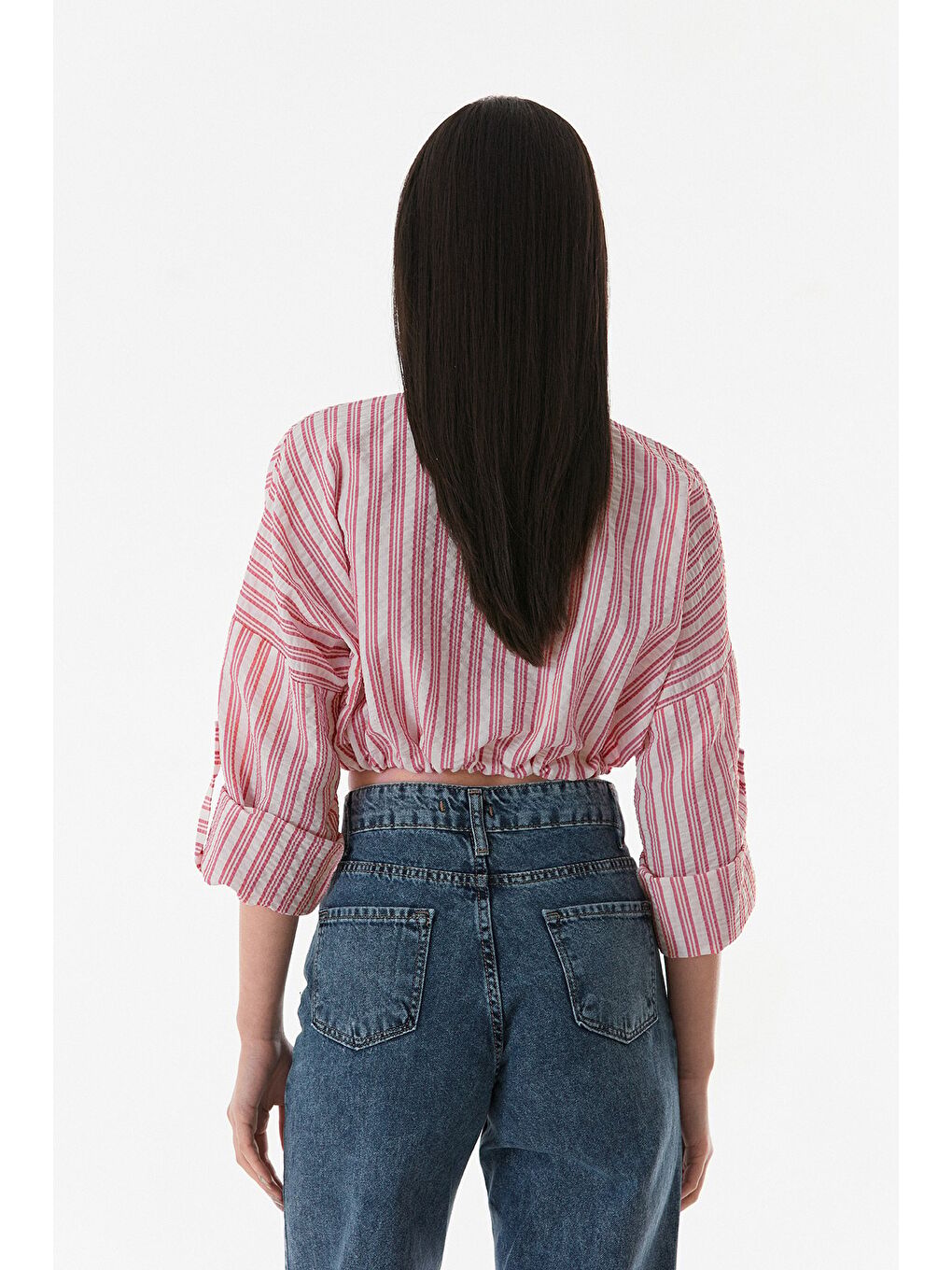 Kırmızı Çizgili Önü Bağlamalı Crop Gömlek-4