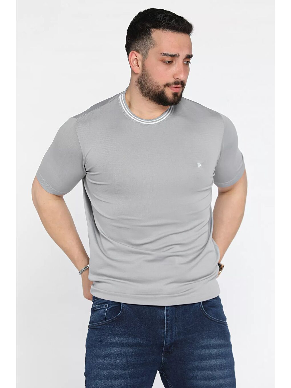 Gri Nakışlı Bisiklet Yaka Erkek Tişört