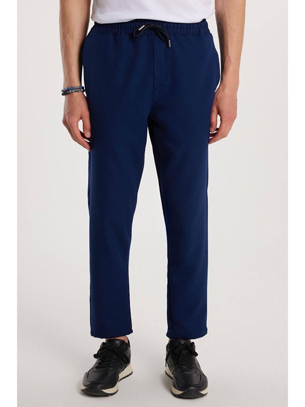 Erkek Regular Fit Beli Regular Fit Lastikli Bağcıklı Jogger Lacivert Pantolon Rahat Kesim Yan Cepli