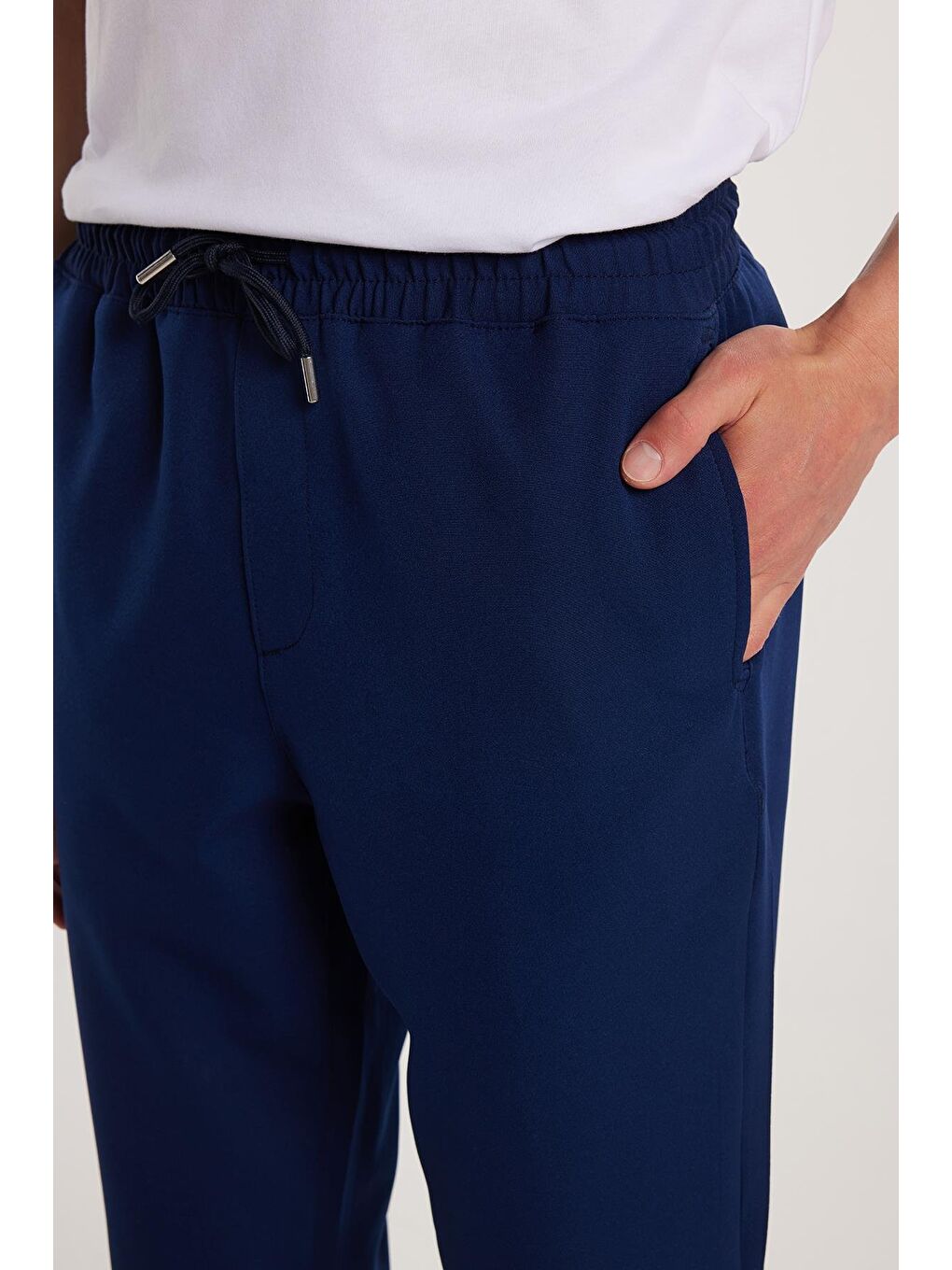 Erkek Regular Fit Beli Regular Fit Lastikli Bağcıklı Jogger Lacivert Pantolon Rahat Kesim Yan Cepli-1