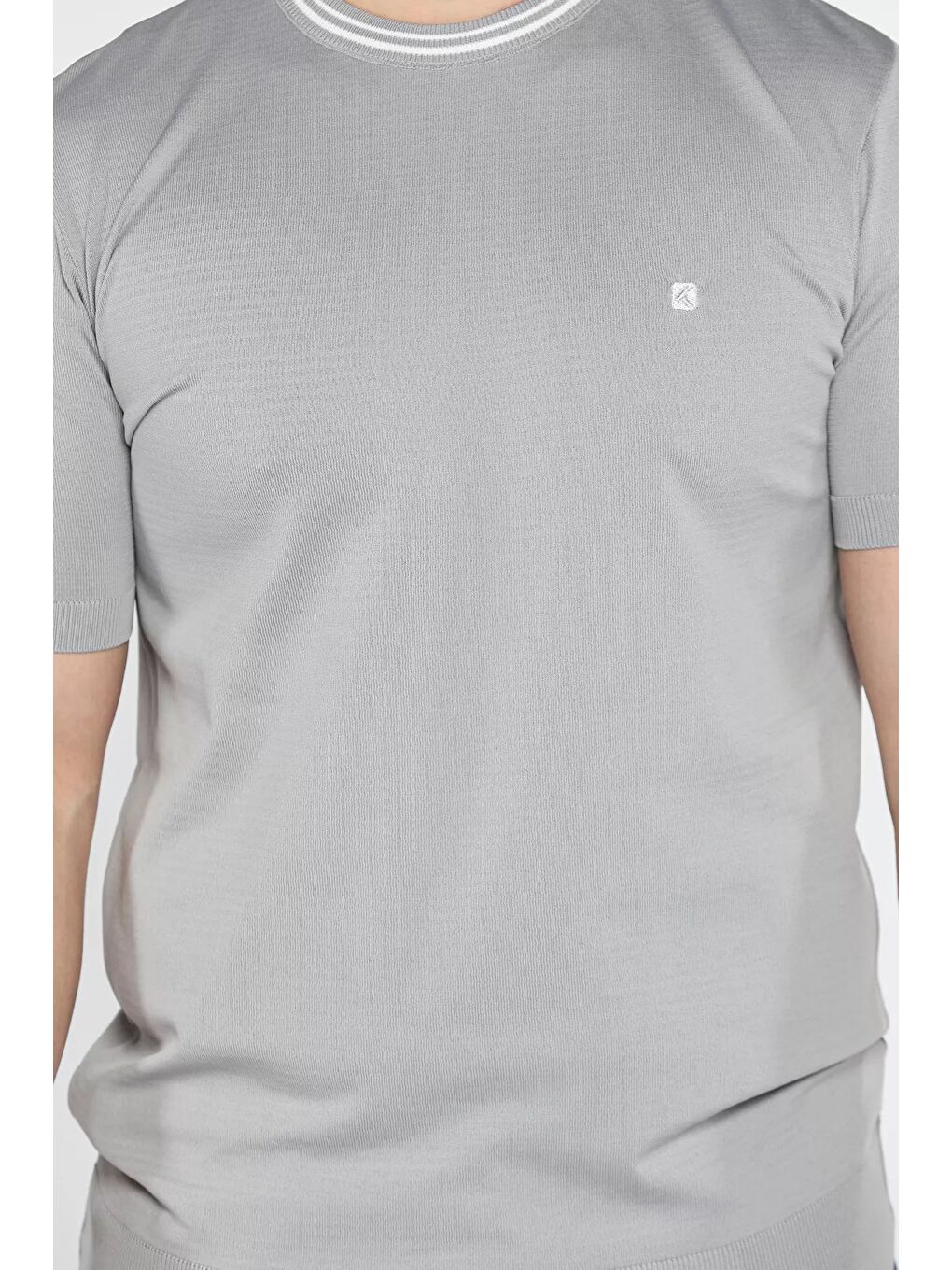 Gri Nakışlı Bisiklet Yaka Erkek Tişört-3