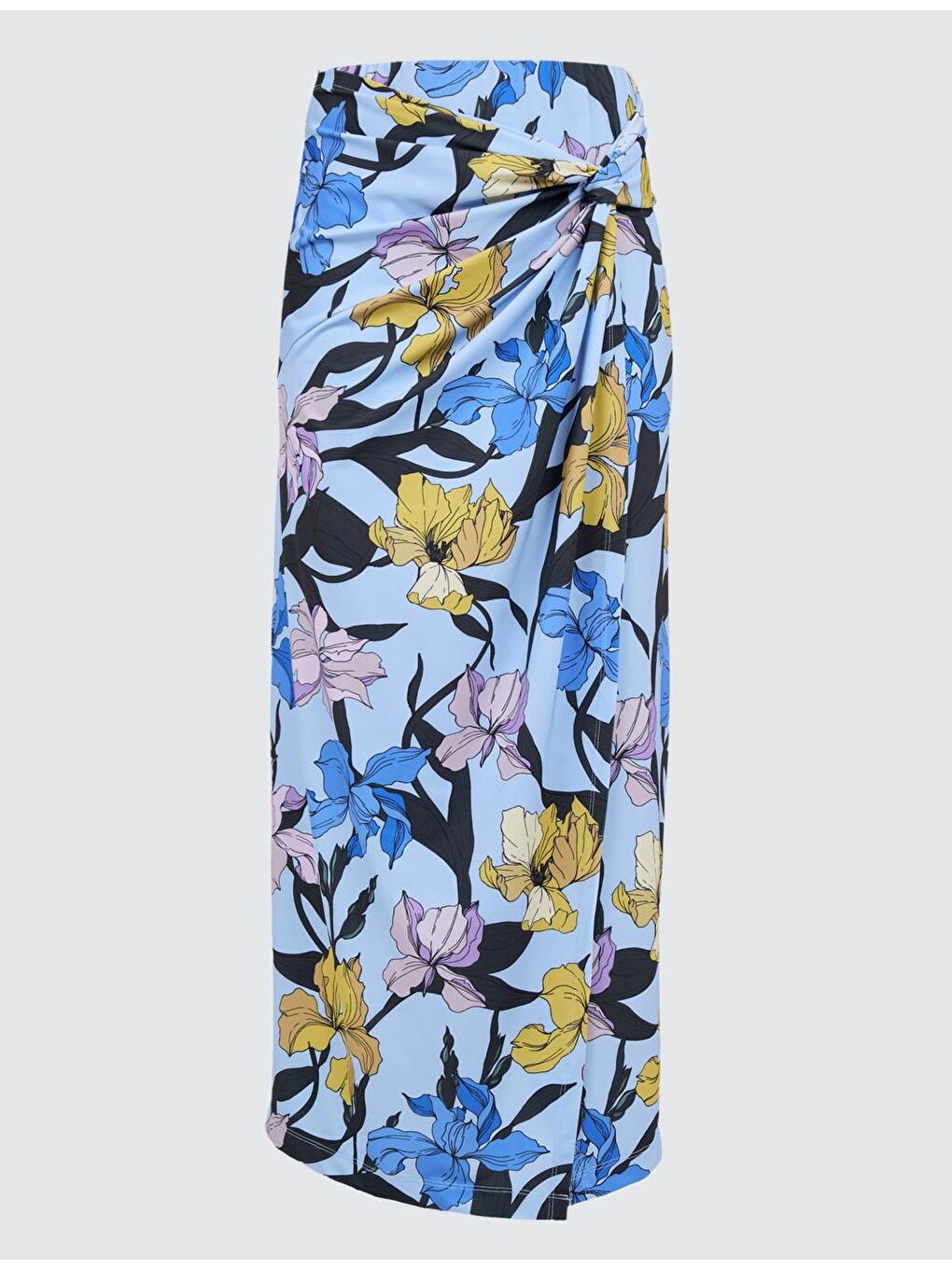 Açık Mavi Büzgü Detaylı Çiçekli Midi Etek-1