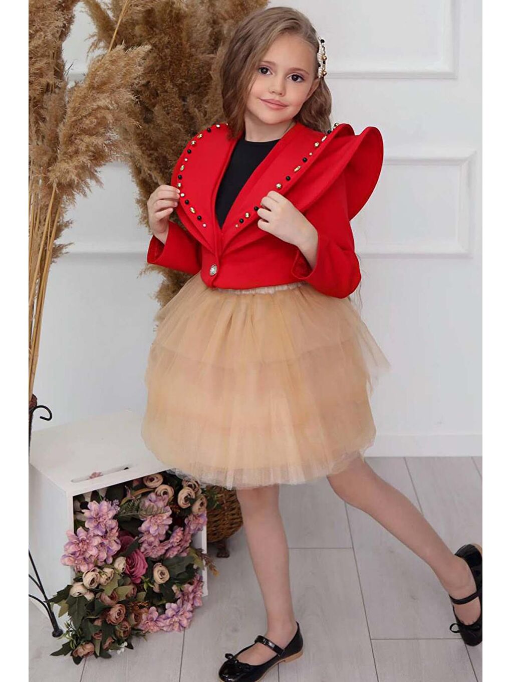 Kız Çocuk V Yaka ve Taş Detaylı Ceket Kırmızı Etekli Takım