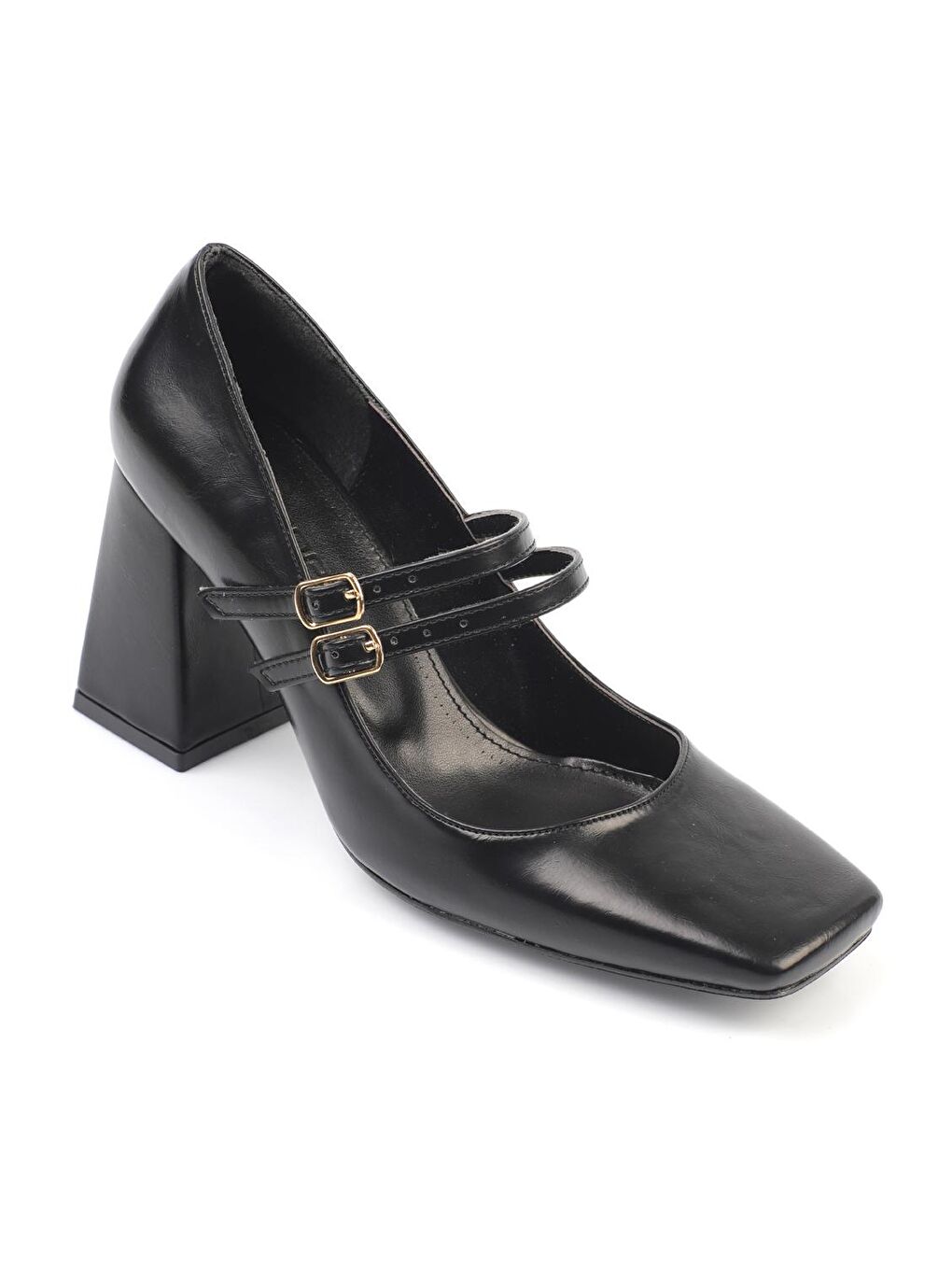 Siyah Küt Burunlu  Orta Topuklu Kadın Ayakkabı-2