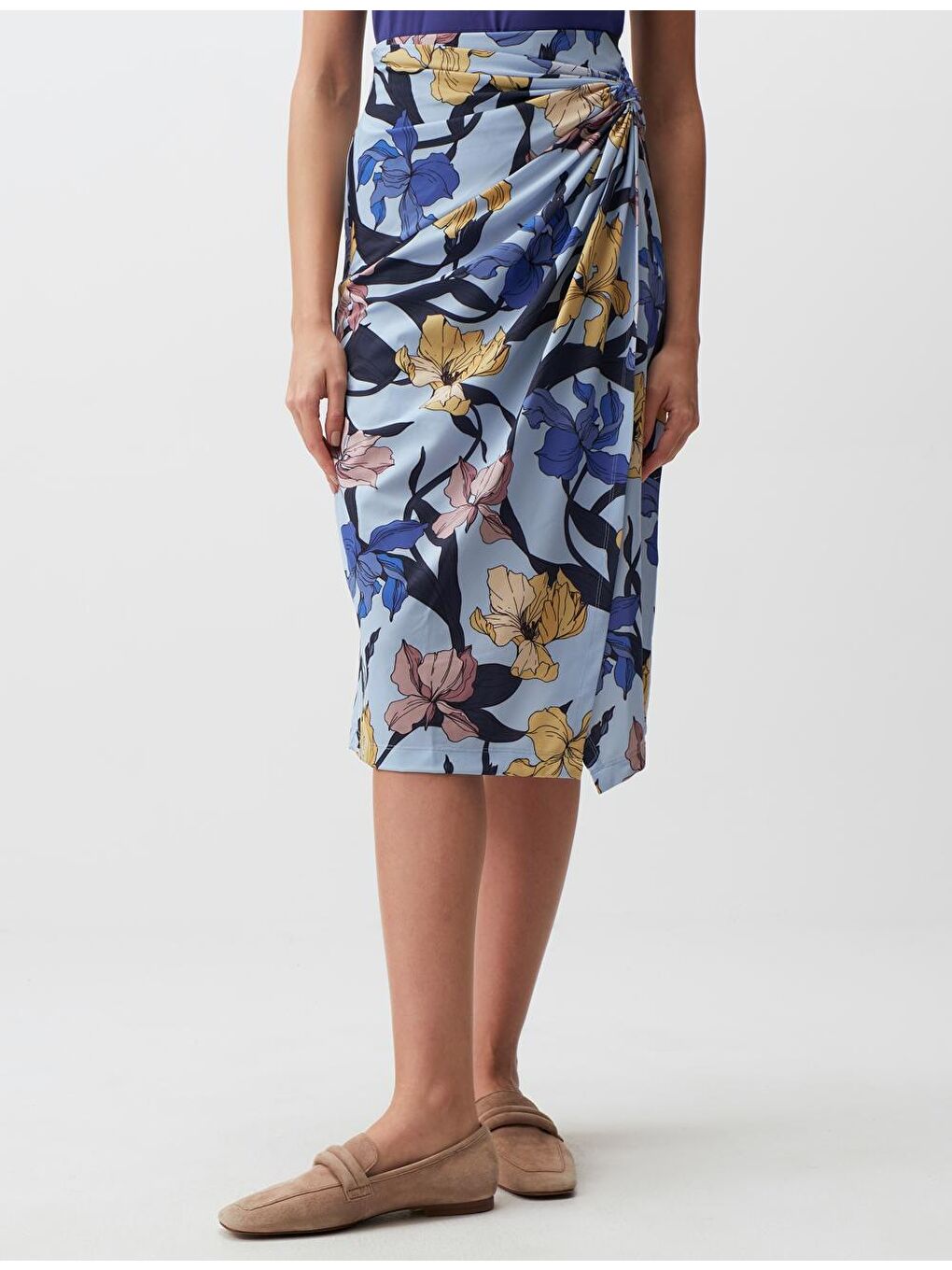 Açık Mavi Büzgü Detaylı Çiçekli Midi Etek-2