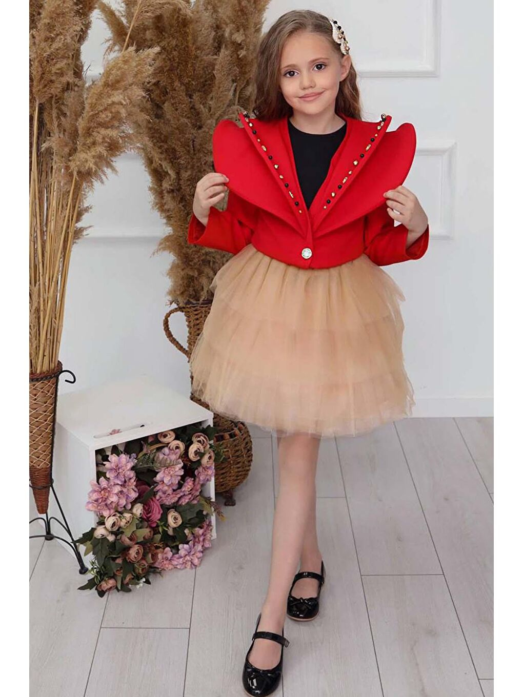 Kız Çocuk V Yaka ve Taş Detaylı Ceket Kırmızı Etekli Takım-1