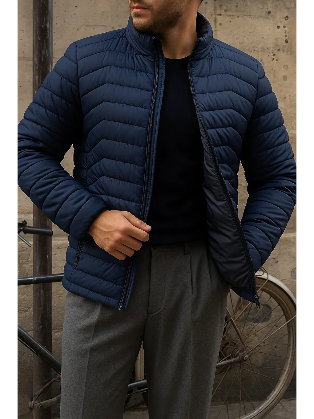 Erkek Günlük Fermuarlı Kışlık Lacivert Şişme Mont-1
