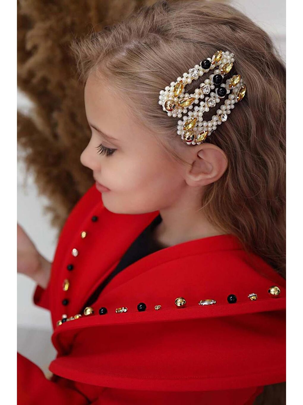 Kız Çocuk V Yaka ve Taş Detaylı Ceket Kırmızı Etekli Takım-2