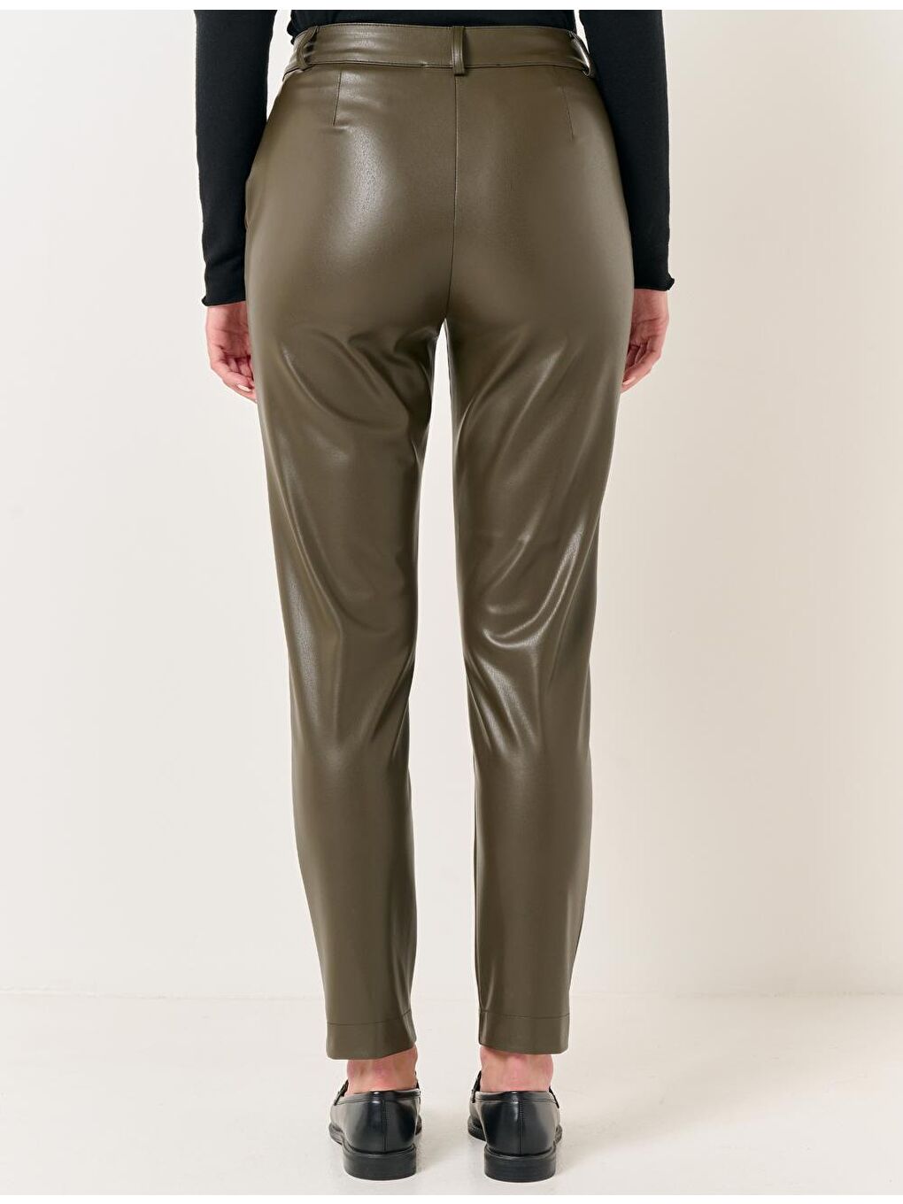 Koyu Haki Yüksek Bel Dar Paça Deri Pantolon-5