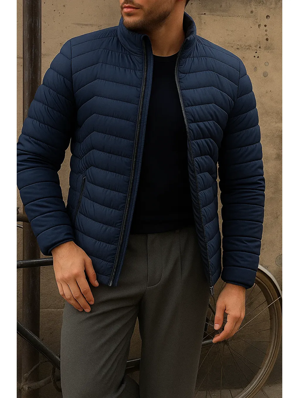 Erkek Günlük Fermuarlı Kışlık Lacivert Şişme Mont-2