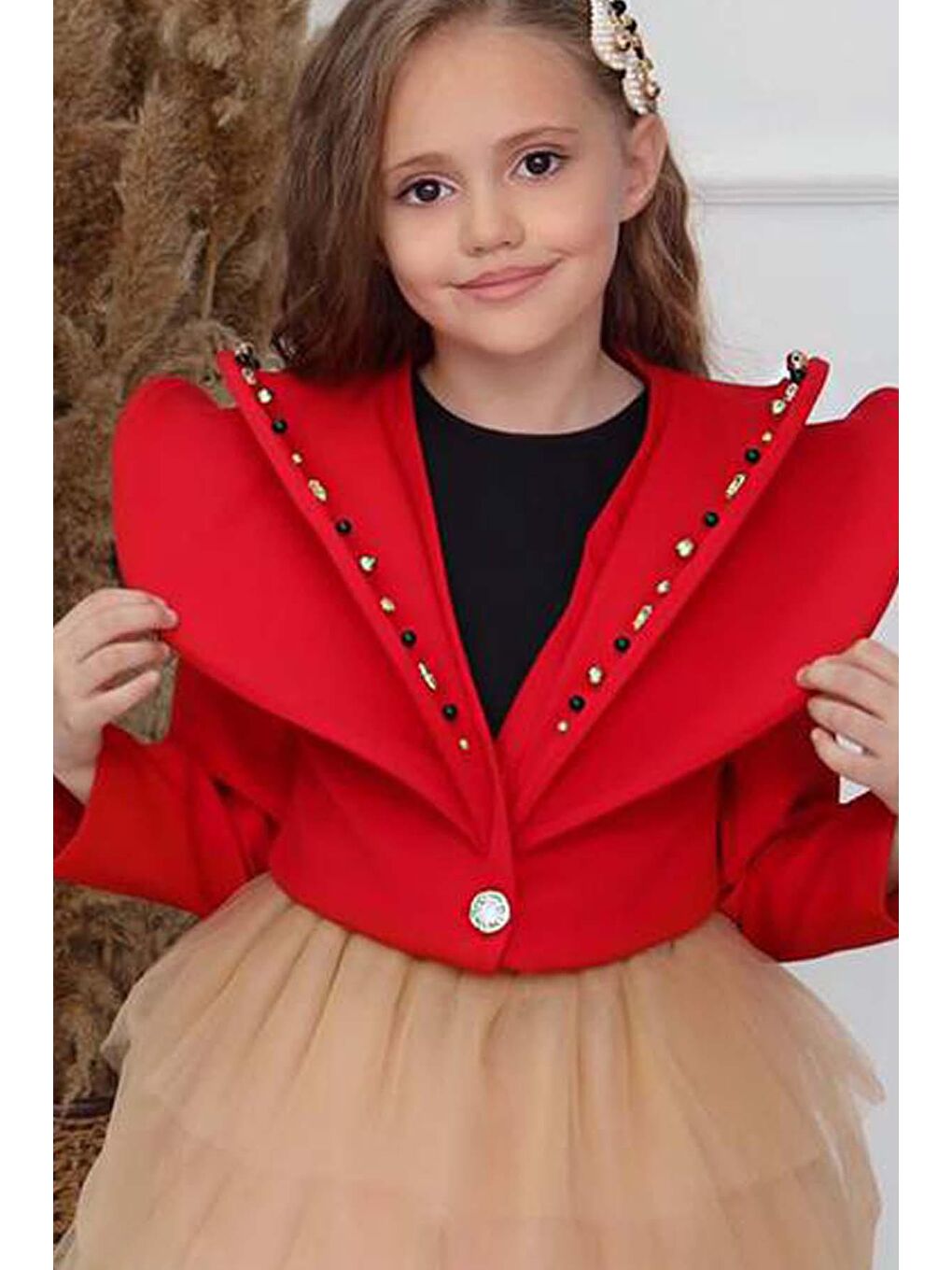 Kız Çocuk V Yaka ve Taş Detaylı Ceket Kırmızı Etekli Takım-3