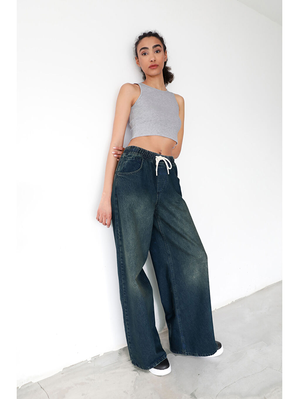 Lacivert Beli Bağlamalı Eskitme Görünümlü Palazzo Jean-1