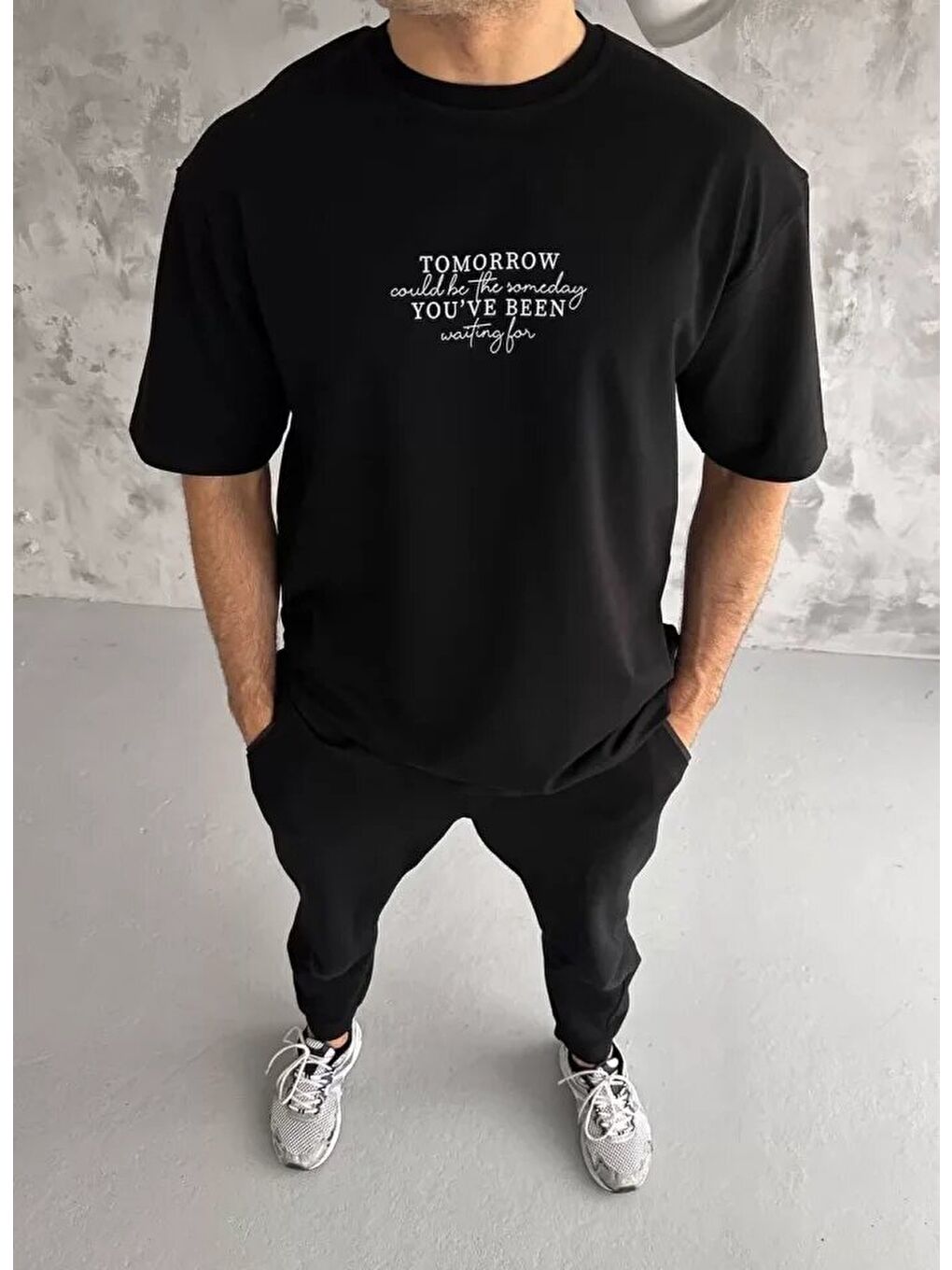 Siyah Unisex Bisiklet Yaka Baskılı Oversize Tişört