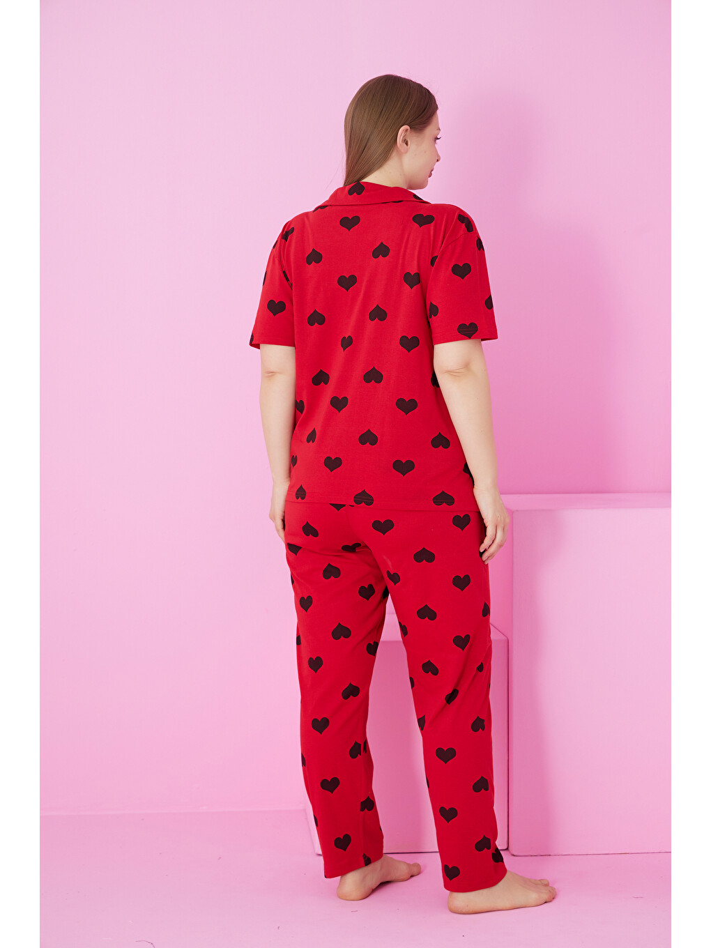 Kırmızı Siyah Kalp Baskılı Büyük Beden Battal Boy Düğmeli Örme Pijama Takım-2
