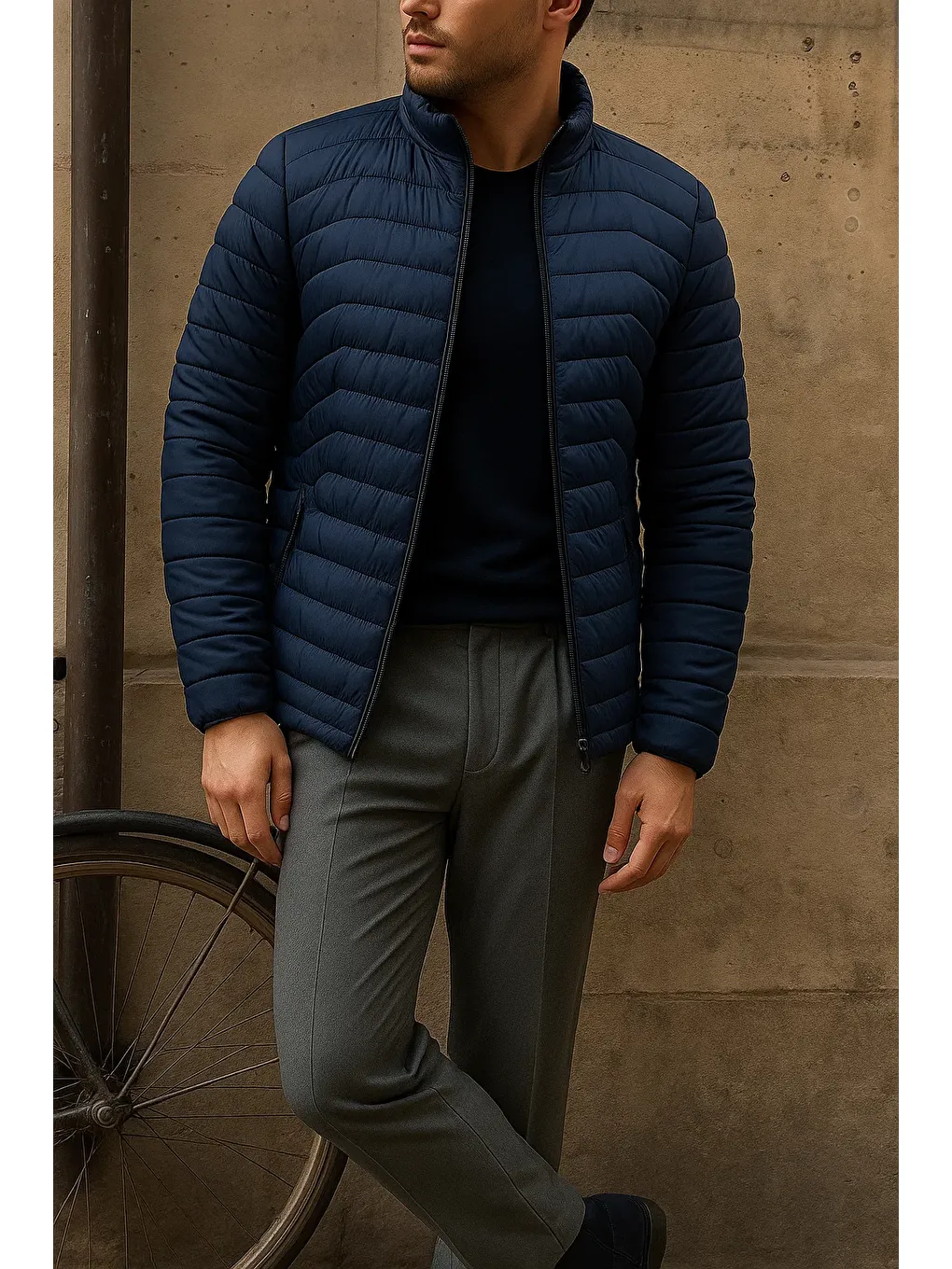 Erkek Günlük Fermuarlı Kışlık Lacivert Şişme Mont-3