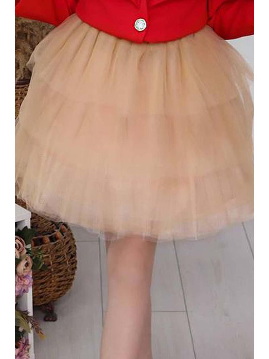 Kız Çocuk V Yaka ve Taş Detaylı Ceket Kırmızı Etekli Takım-4