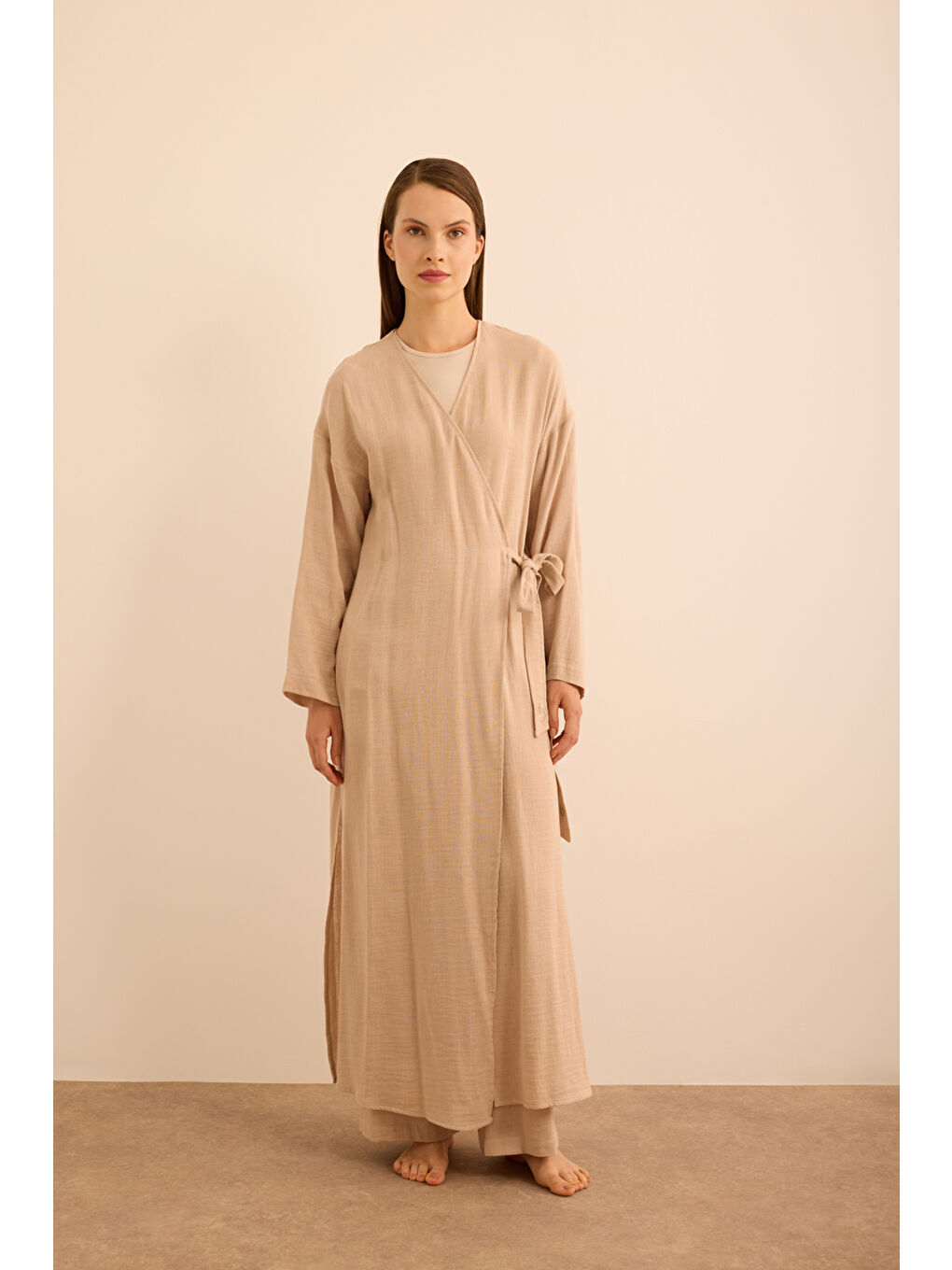 Bej Viscon Pamuk , Yandan Bağlamalı Sabahlık