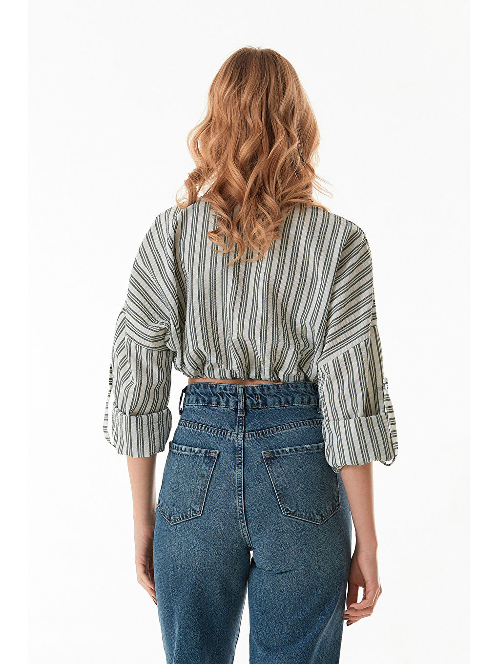 Yeşil Çizgili Önü Bağlamalı Crop Gömlek-4