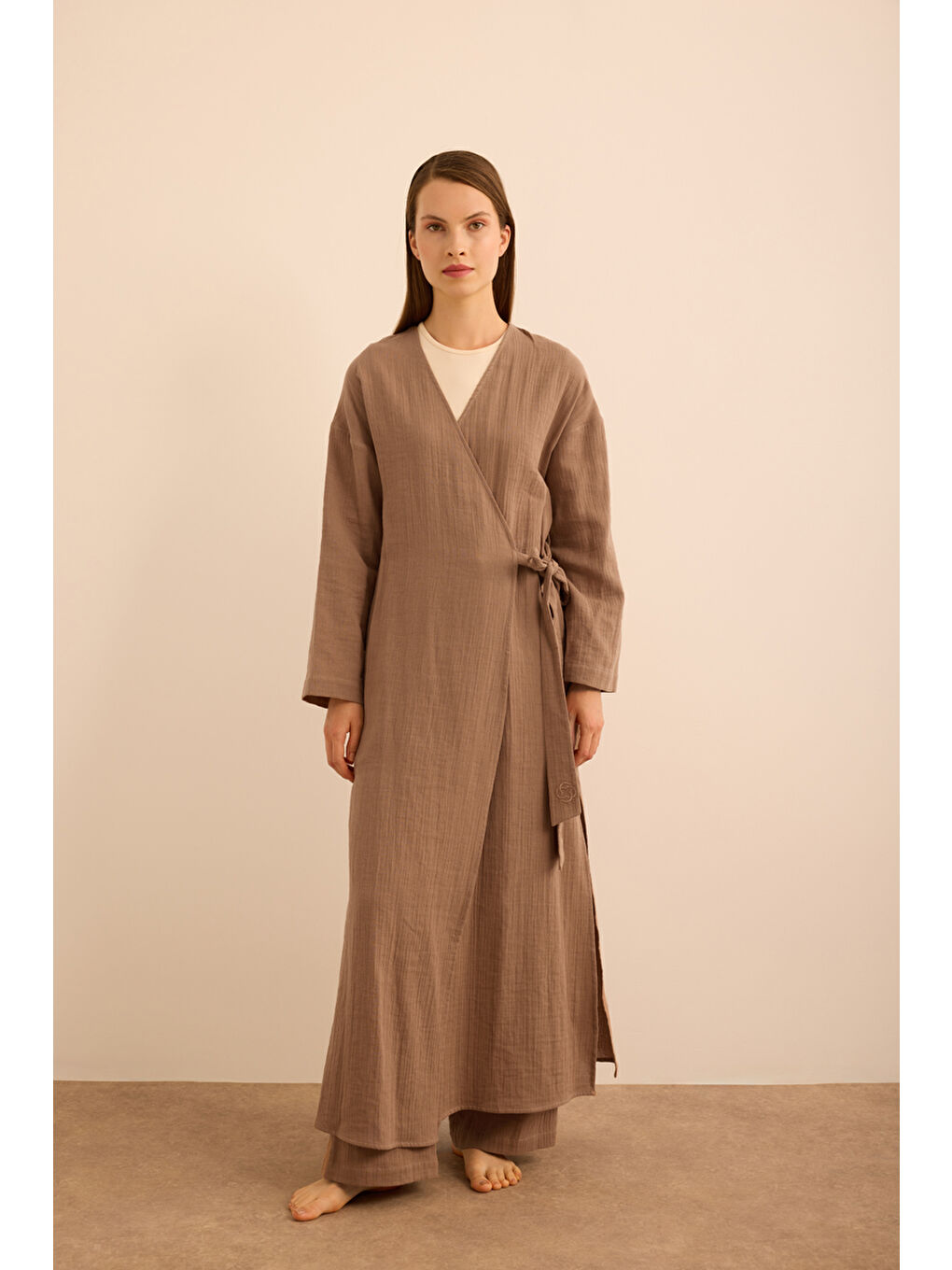 Kahverengi Viscon Pamuk , Yandan Bağlamalı Sabahlık-1