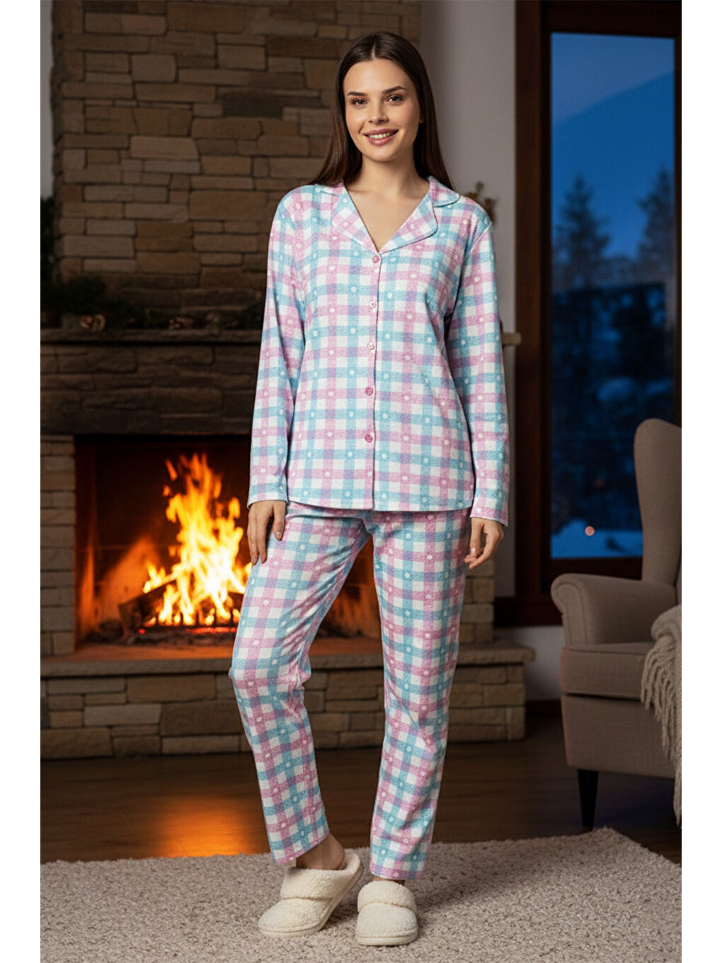 Kadın Ekose Desen Önü Düğmeli Suprem Pijama Takımı 0549 Beyaz01-2