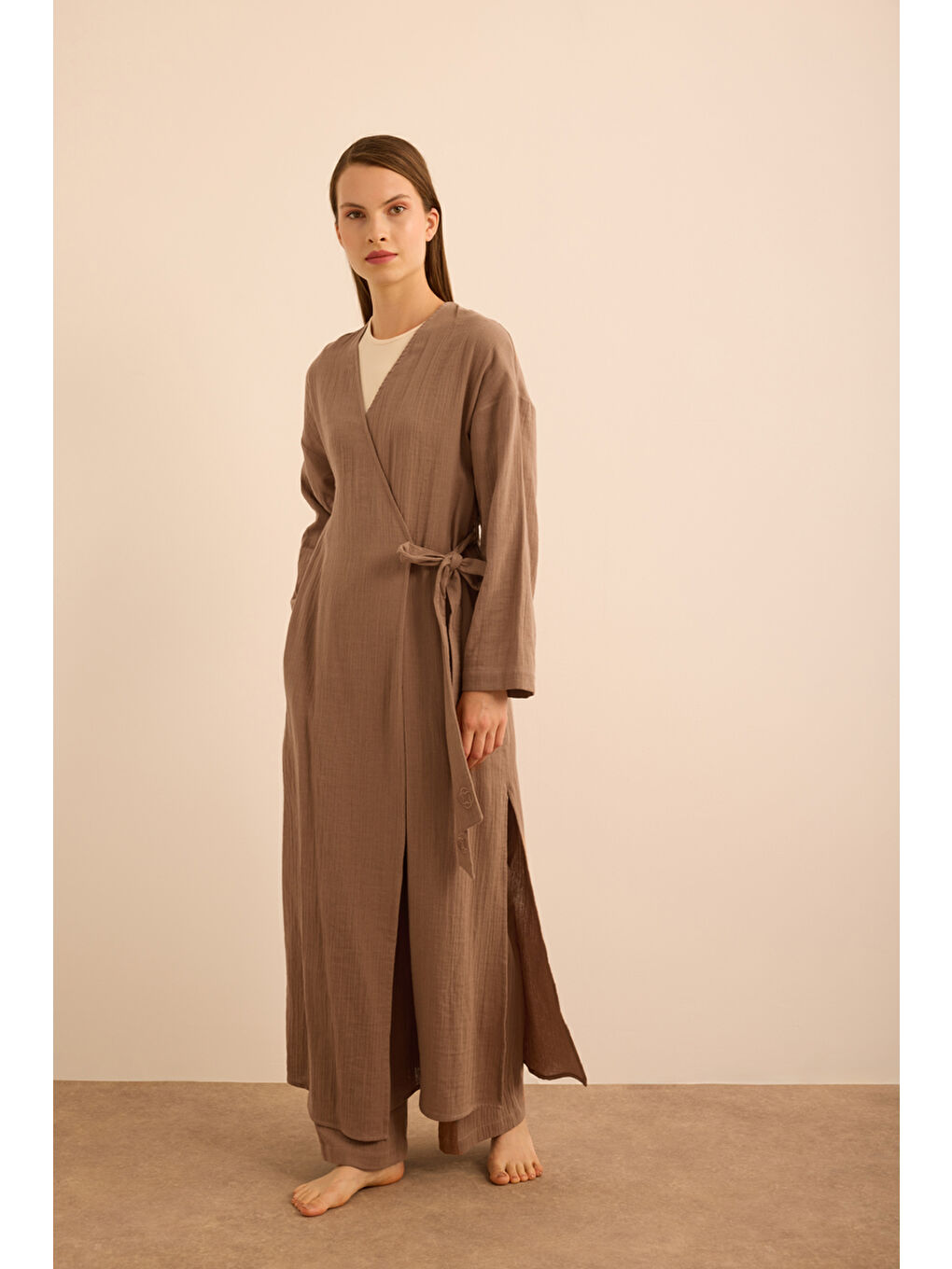 Kahverengi Viscon Pamuk , Yandan Bağlamalı Sabahlık-2