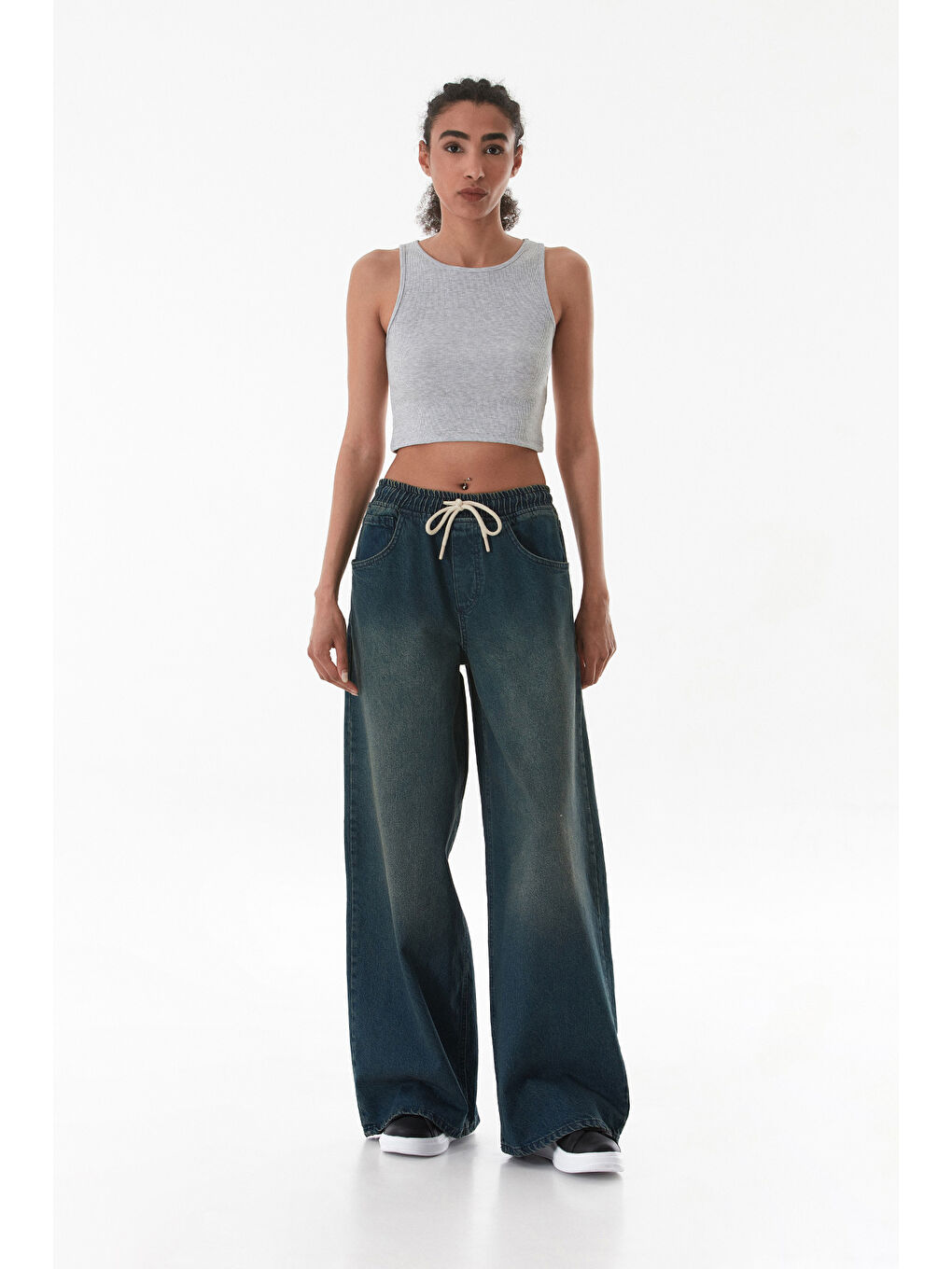 Lacivert Beli Bağlamalı Eskitme Görünümlü Palazzo Jean-3