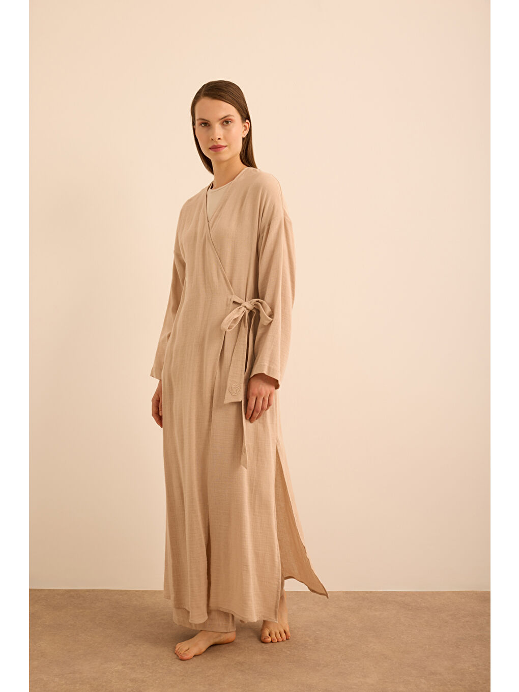 Bej Viscon Pamuk , Yandan Bağlamalı Sabahlık-1
