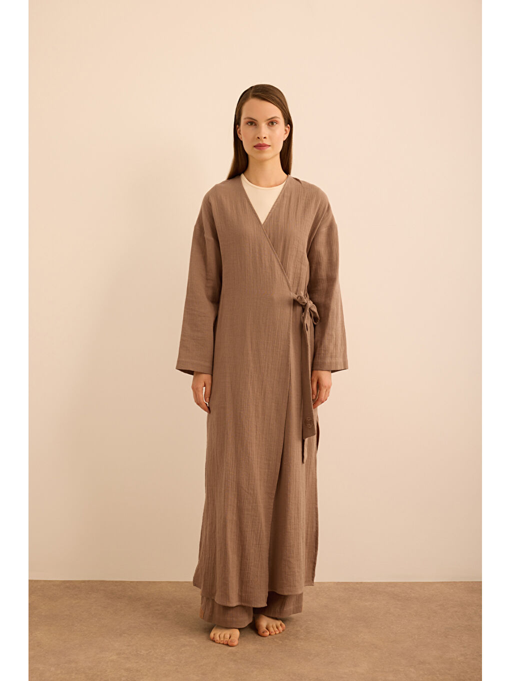 Kahverengi Viscon Pamuk , Yandan Bağlamalı Sabahlık-4