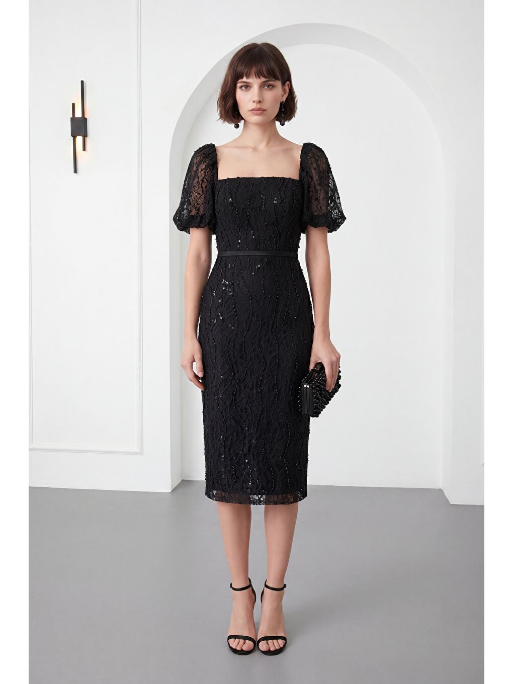 Kadın Siyah Kare Yaka Balon Kol Midi Söz Nişan Nikah Abiye Elbise-1