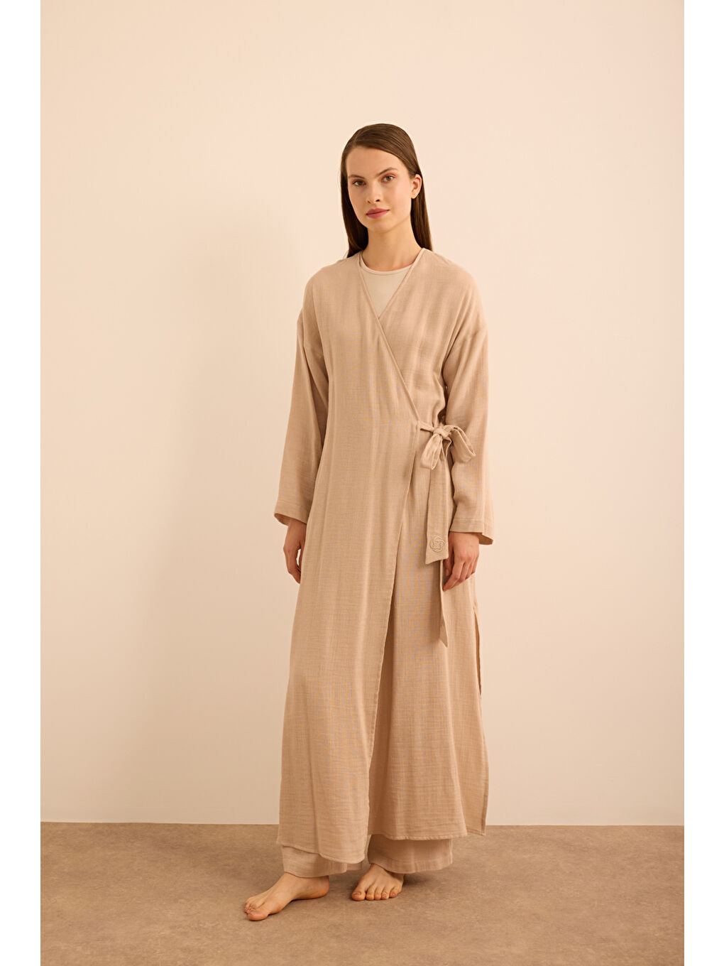 Bej Viscon Pamuk , Yandan Bağlamalı Sabahlık-2