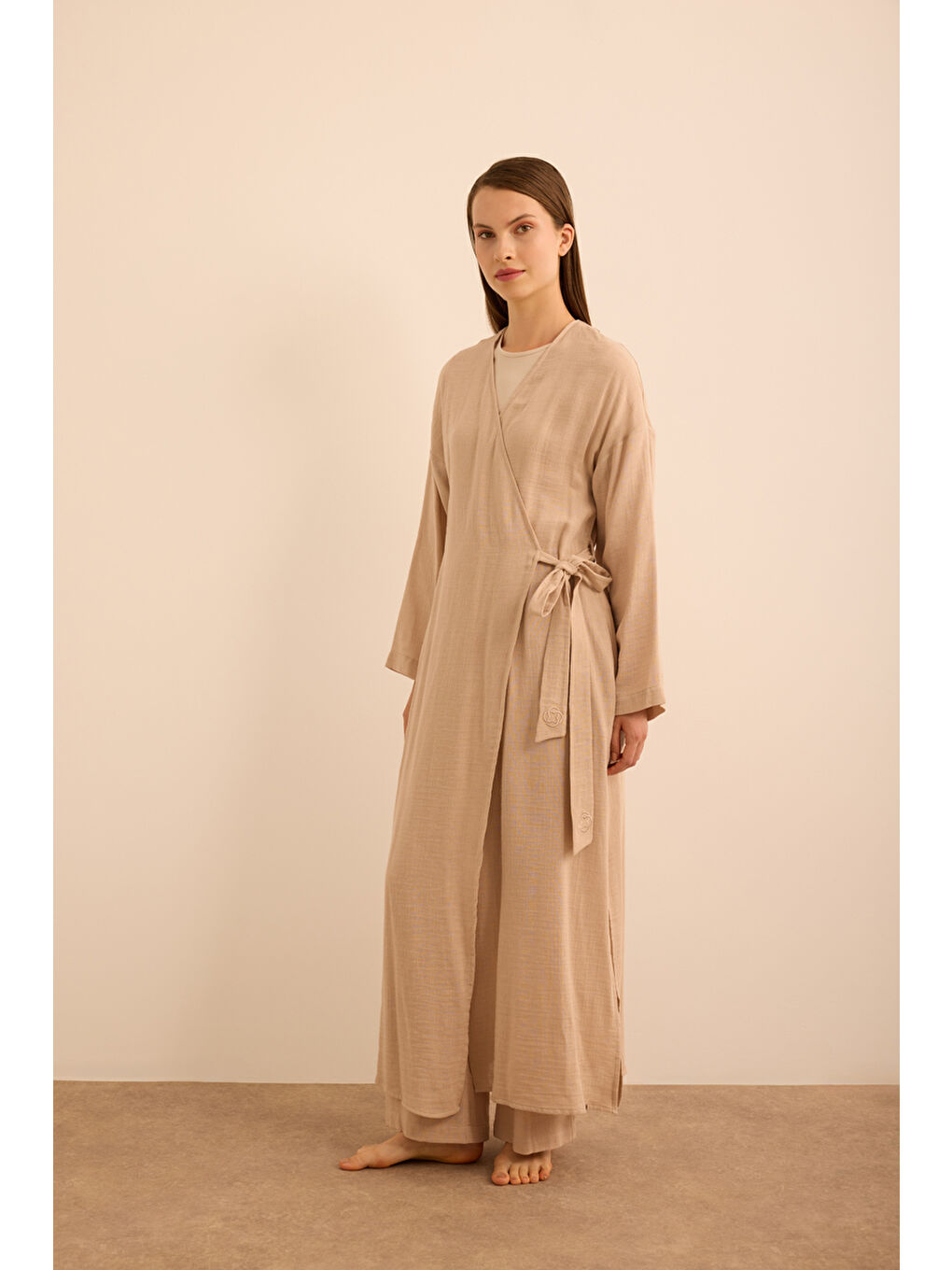 Bej Viscon Pamuk , Yandan Bağlamalı Sabahlık-3