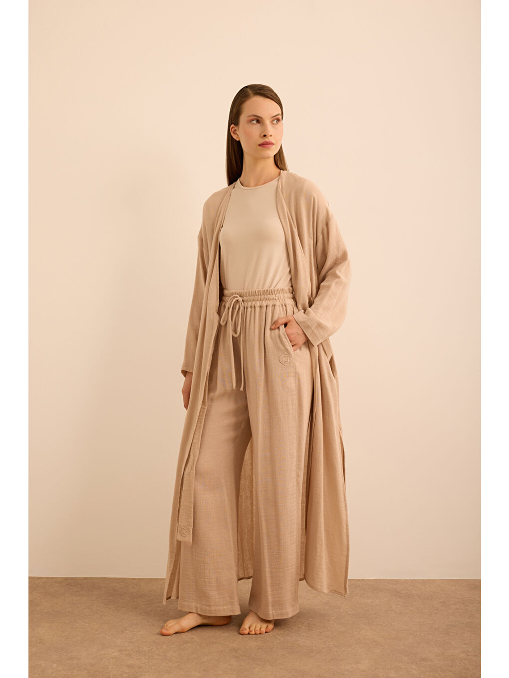 Bej Viscon Pamuk , Yandan Bağlamalı Sabahlık-4