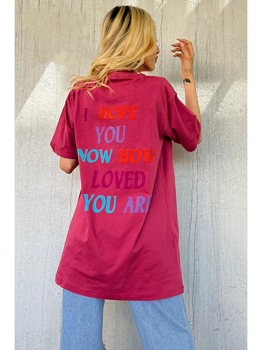 Pembe Baskılı Oversize Bisiklet Yaka Kadın Tişört-4