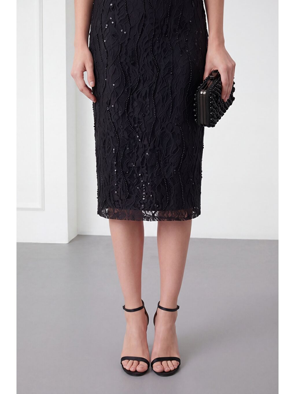 Kadın Siyah Kare Yaka Balon Kol Midi Söz Nişan Nikah Abiye Elbise-2