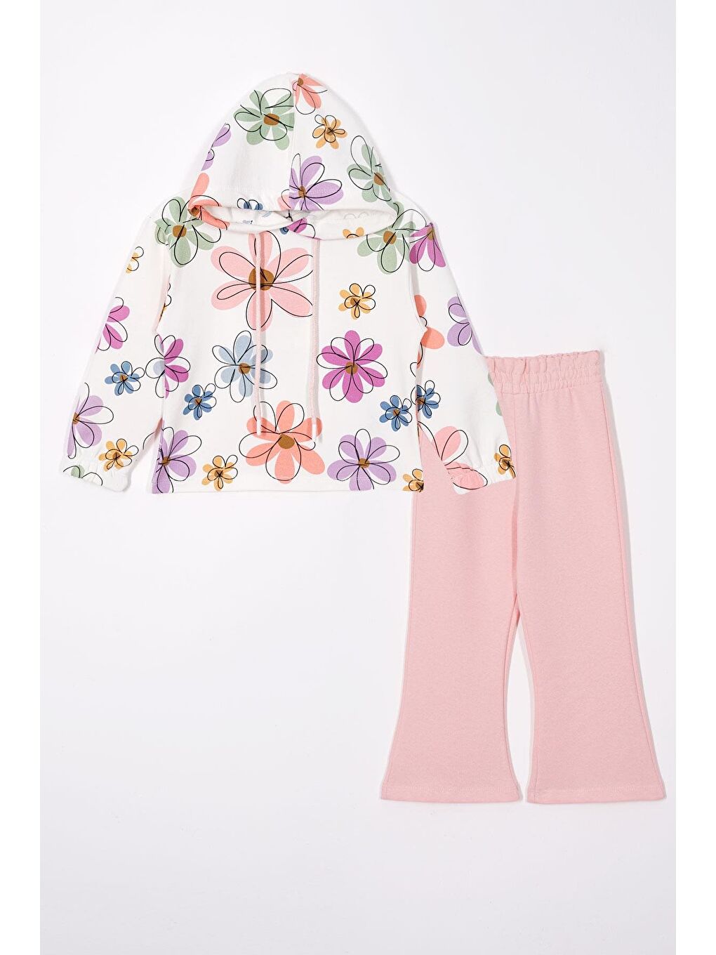 Pembe Çiçek Baskılı Kapüşonlu Ispanyol Paça Açık Pudra Renk Kız Çocuk Pantolon Takım