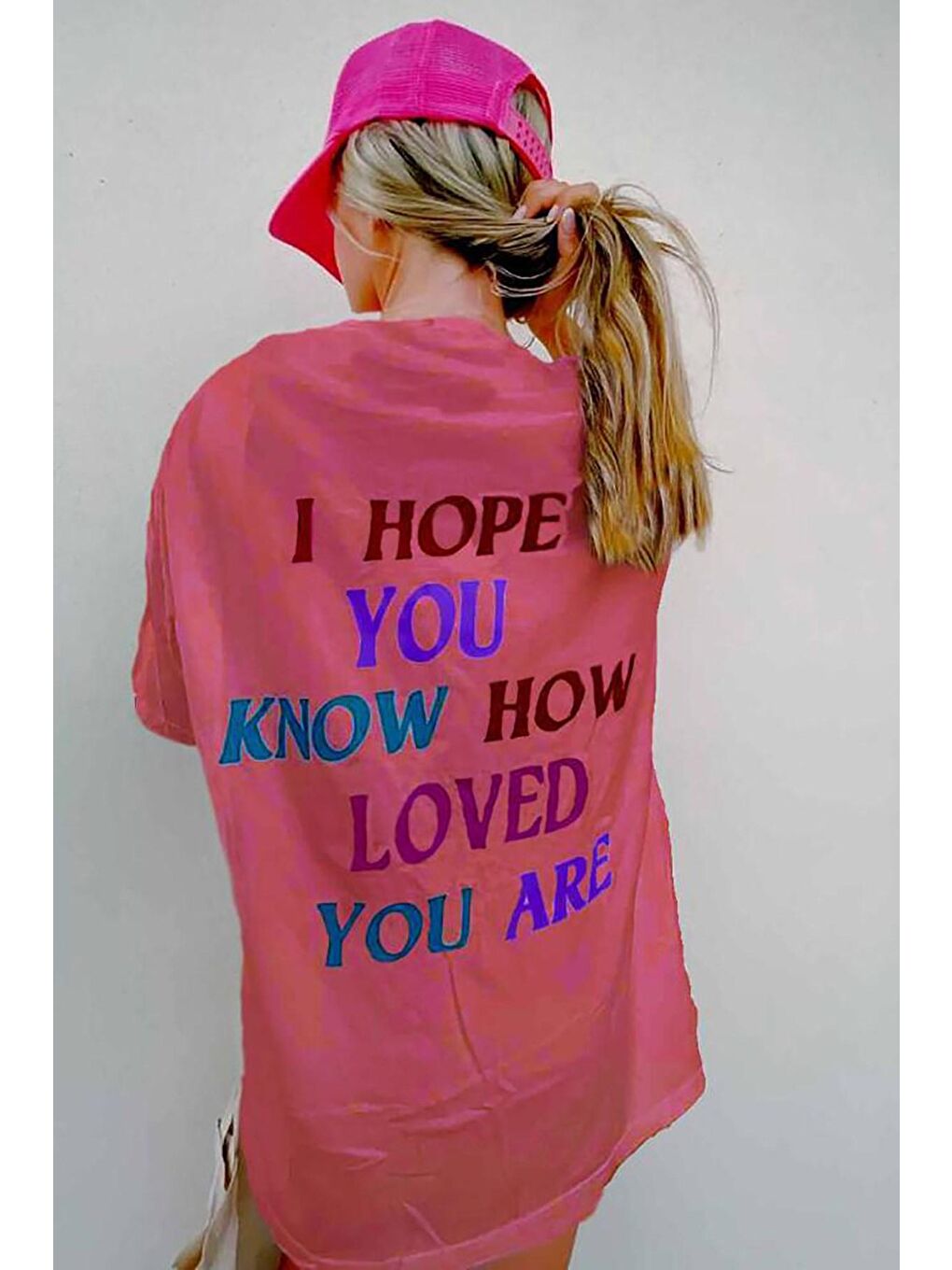 Pembe Baskılı Oversize Bisiklet Yaka Kadın Tişört-5