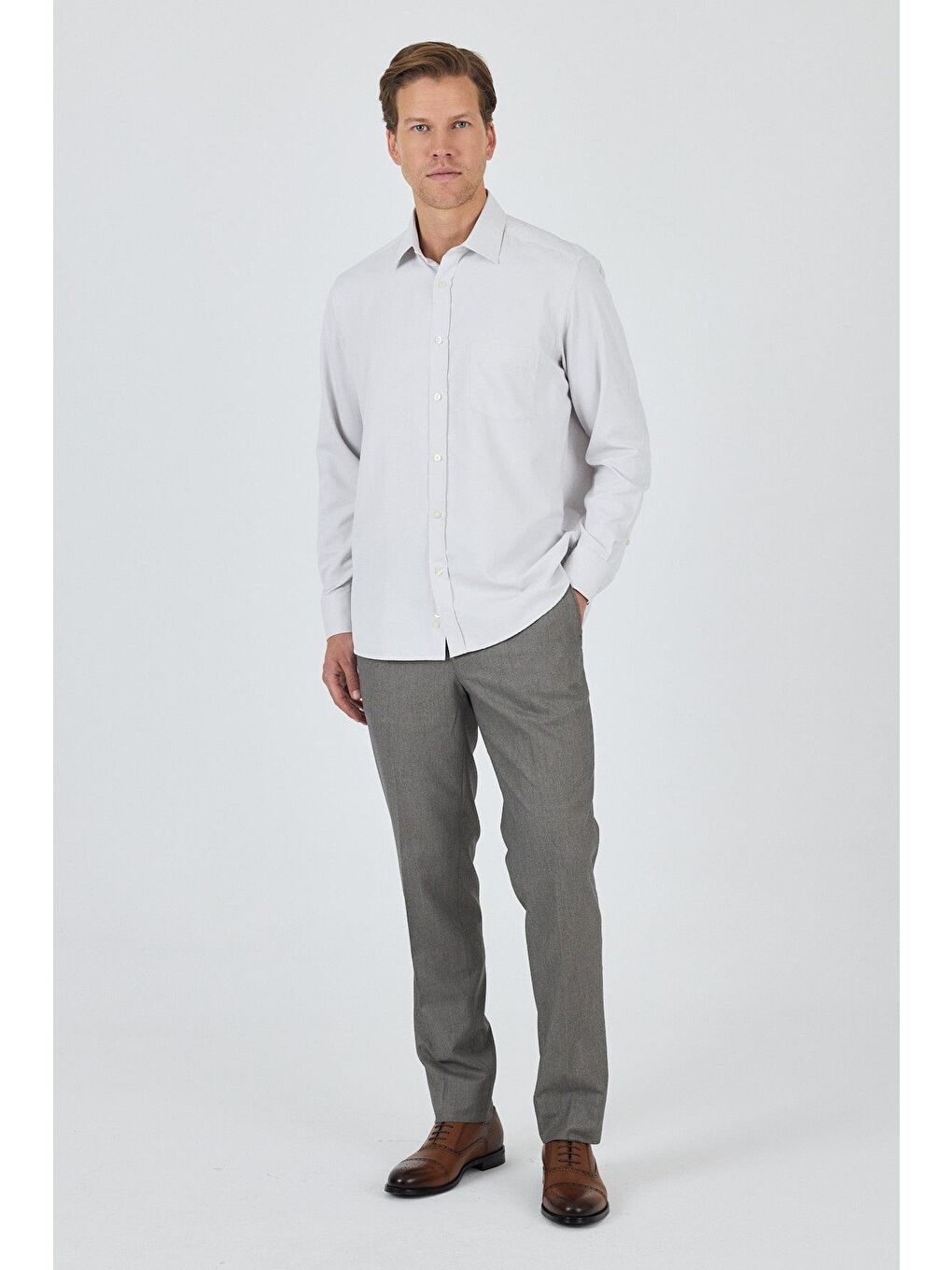 Bej Uzun Kol Desenli Armürlü Sert Yaka Cepli Pamuklu Classic Comfort Fit Gömlek 1004250183-1