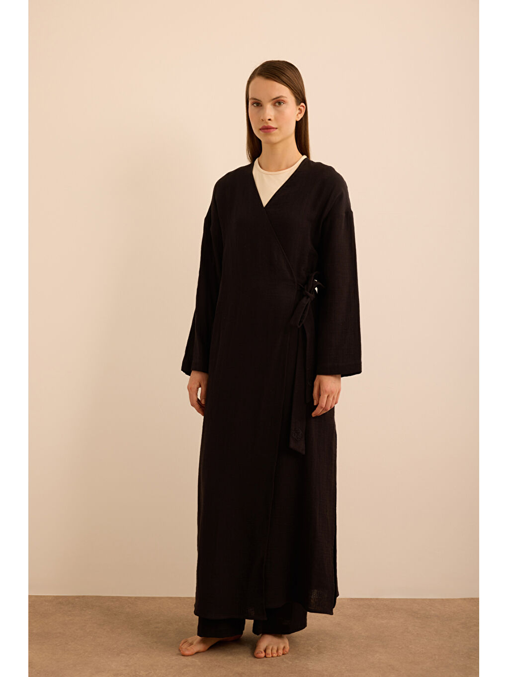 Siyah Viscon Pamuk , Yandan Bağlamalı Sabahlık-1