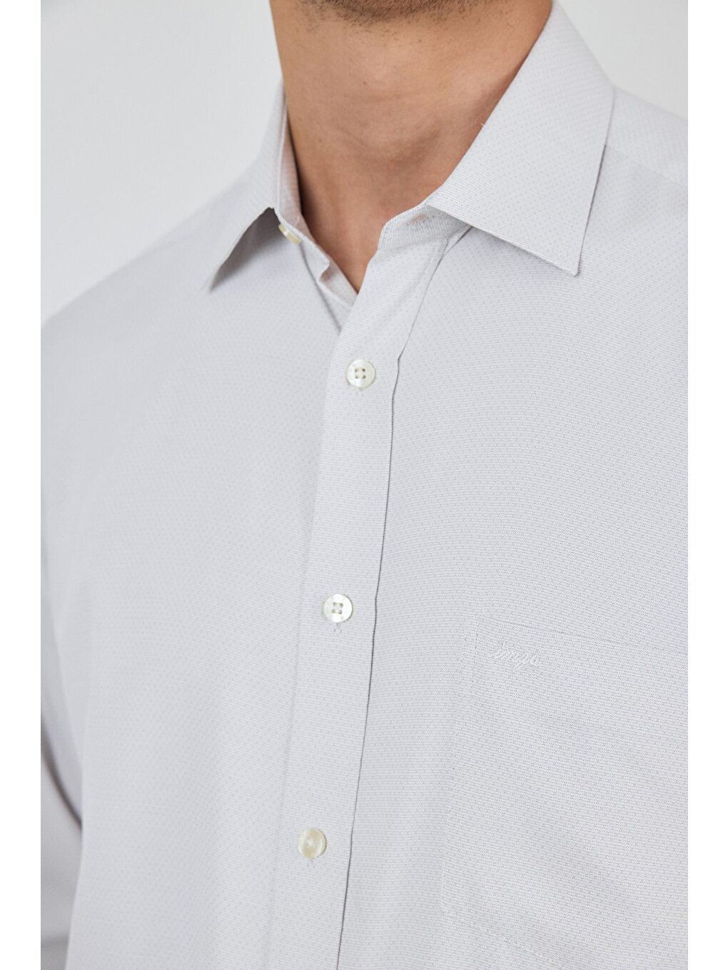 Bej Uzun Kol Desenli Armürlü Sert Yaka Cepli Pamuklu Classic Comfort Fit Gömlek 1004250183-2