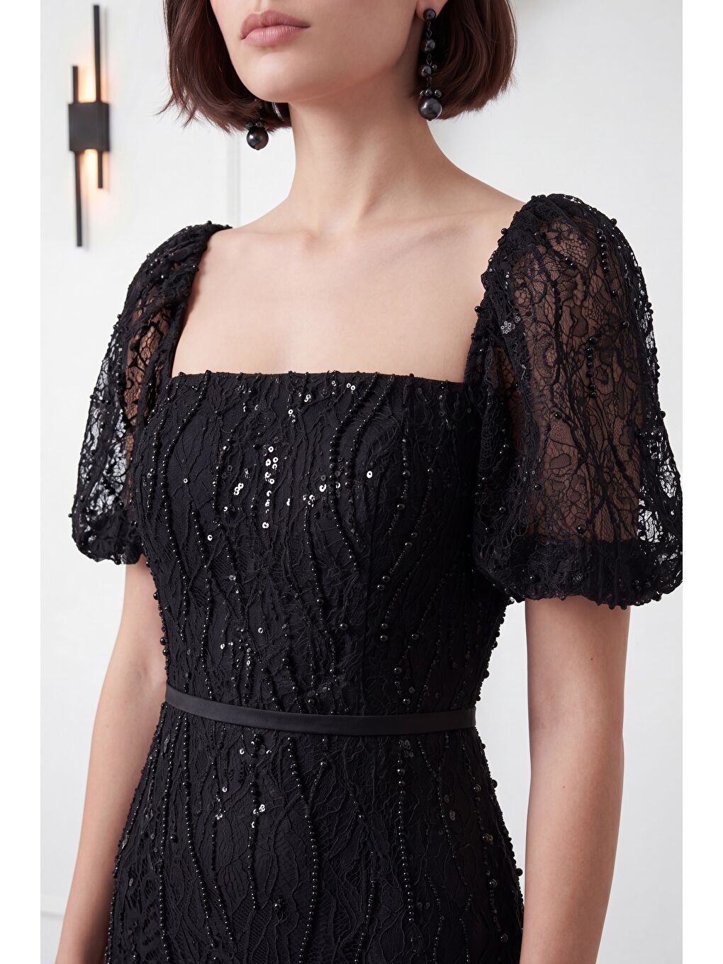 Kadın Siyah Kare Yaka Balon Kol Midi Söz Nişan Nikah Abiye Elbise-3