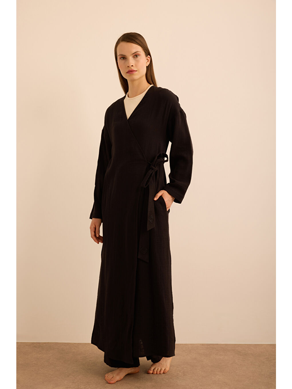 Siyah Viscon Pamuk , Yandan Bağlamalı Sabahlık-2