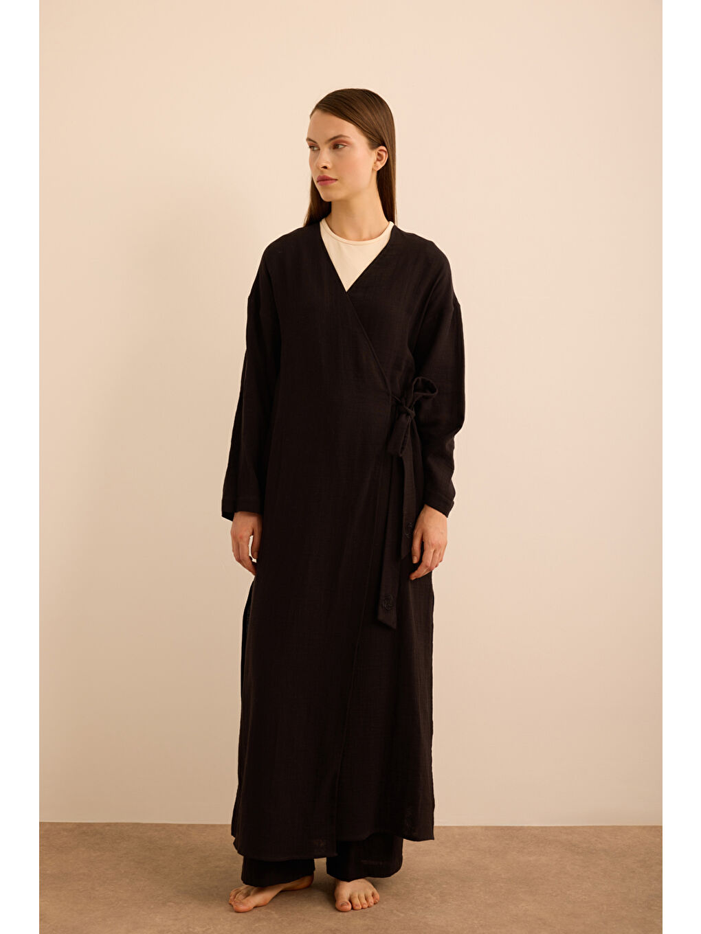 Siyah Viscon Pamuk , Yandan Bağlamalı Sabahlık-3