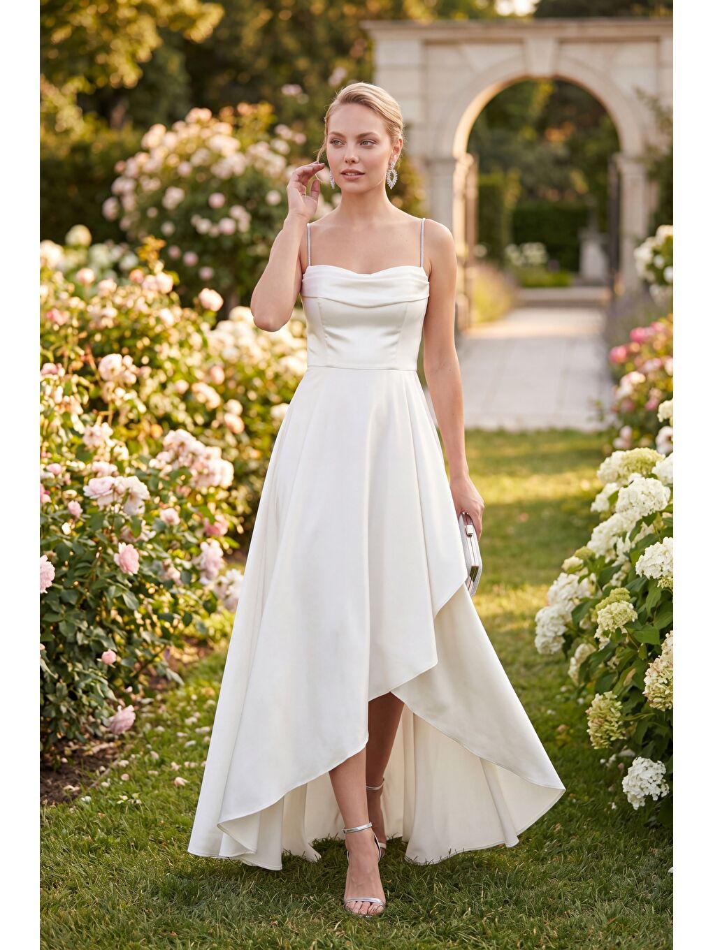 Kadın Ekru Taş Askılı Yaka Detay Uzun Saten Mezuniyet & Abiye Elbise-4