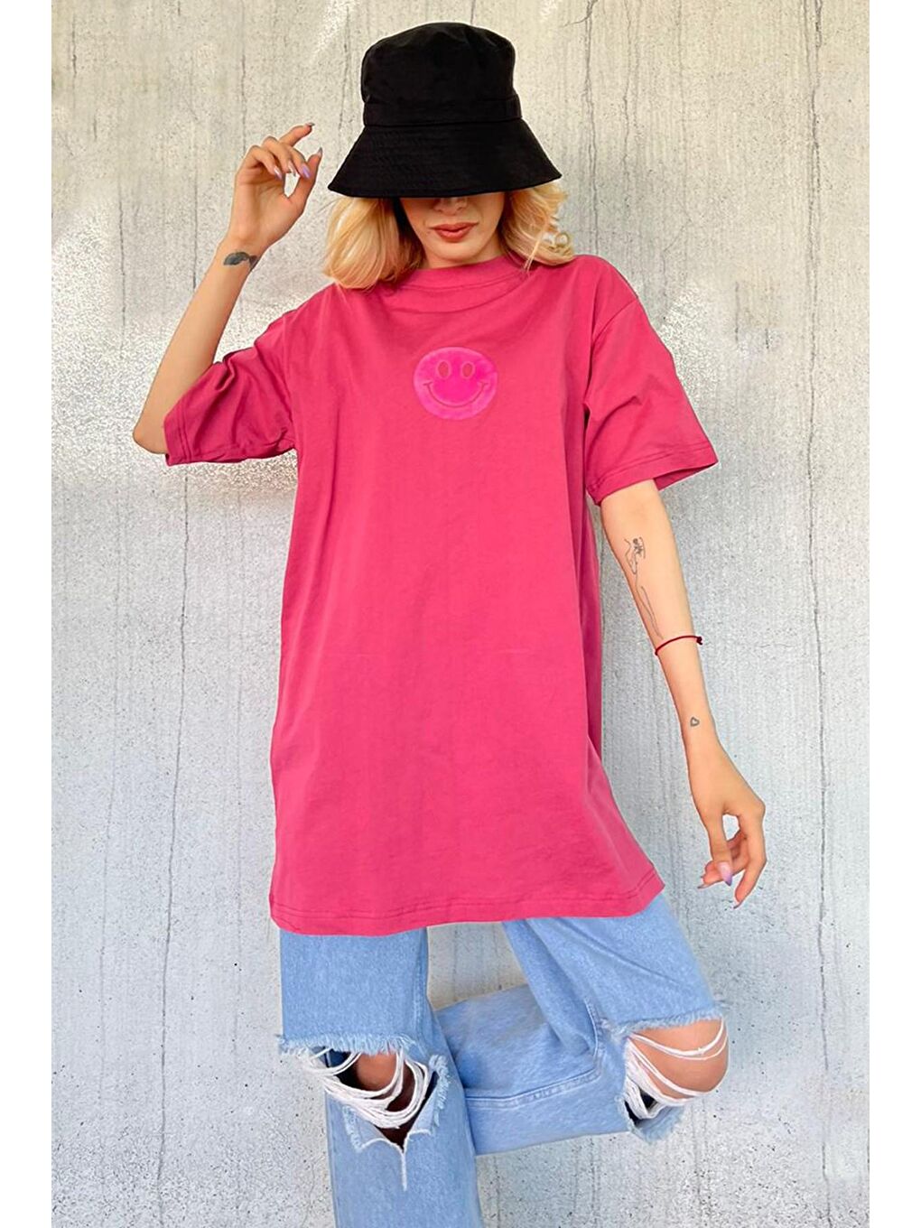 Pembe Baskılı Oversize Bisiklet Yaka Kadın Tişört-6