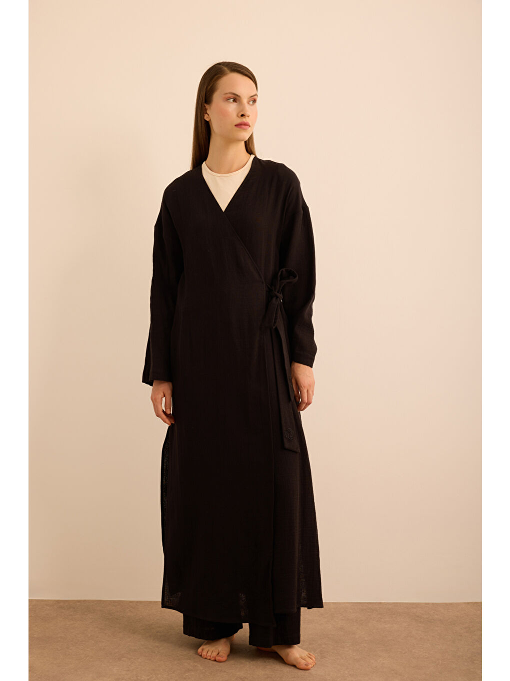 Siyah Viscon Pamuk , Yandan Bağlamalı Sabahlık-4