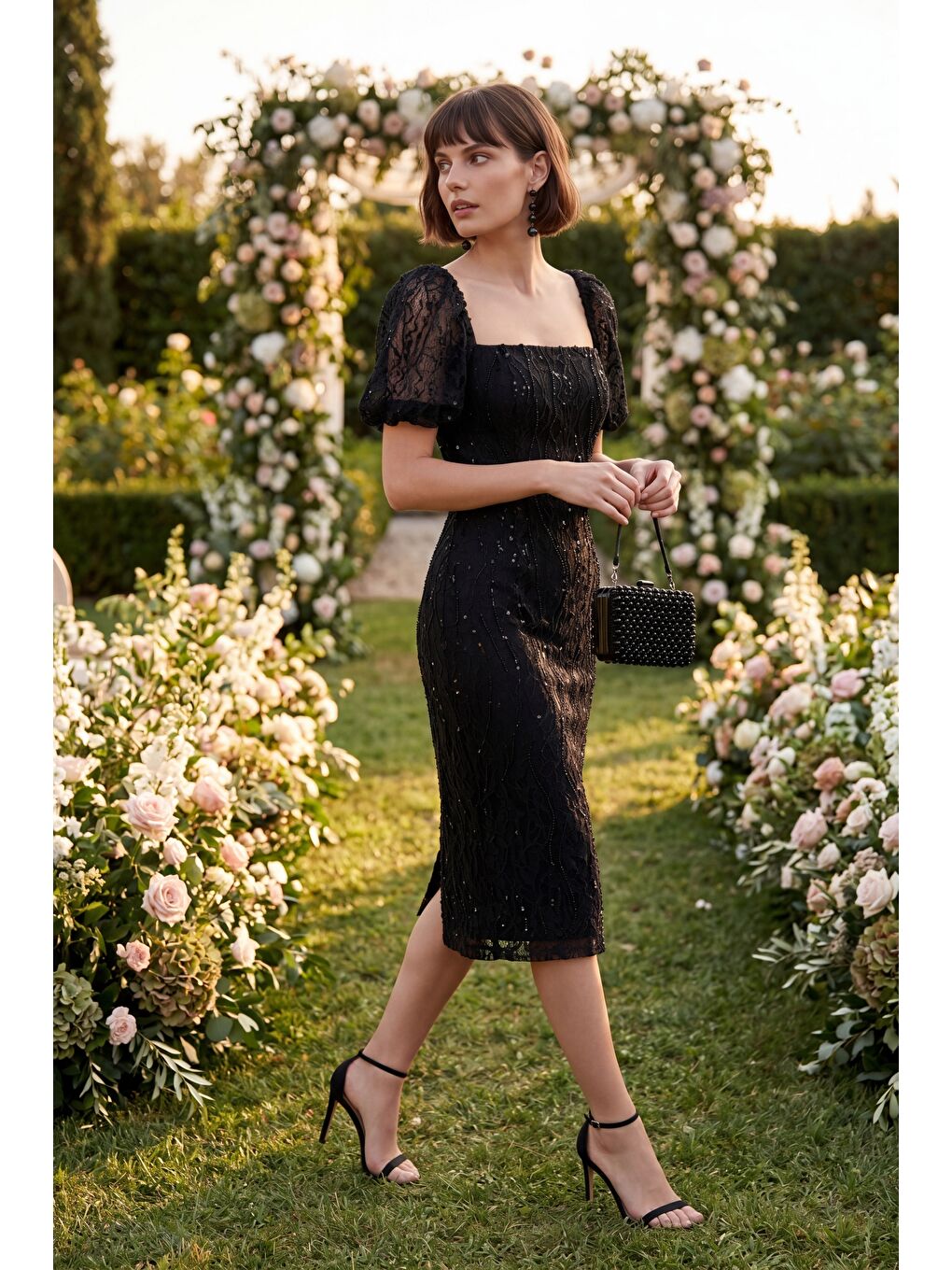 Kadın Siyah Kare Yaka Balon Kol Midi Söz Nişan Nikah Abiye Elbise-4