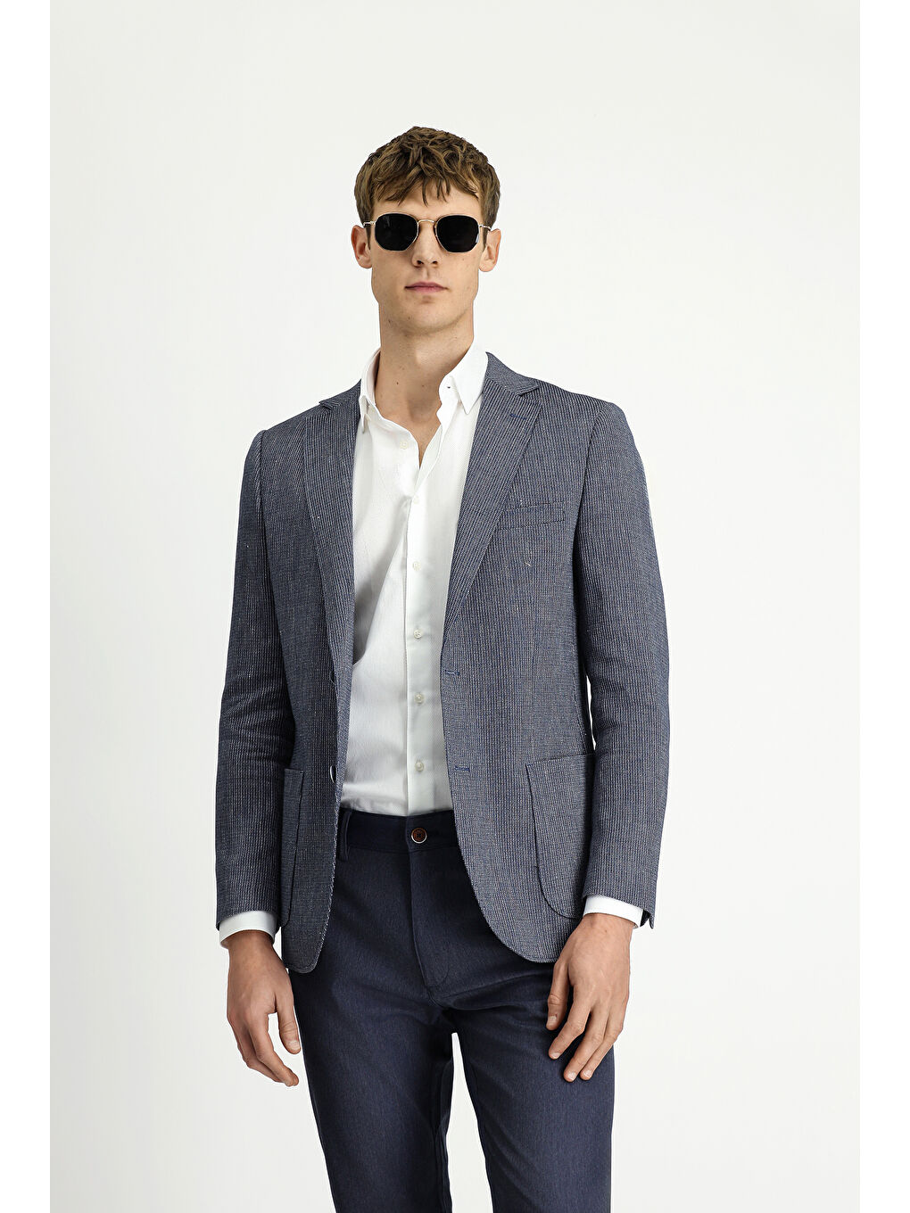 Lacivert Regular Fit Keten Karışımlı Çizgili Spor Ceket
