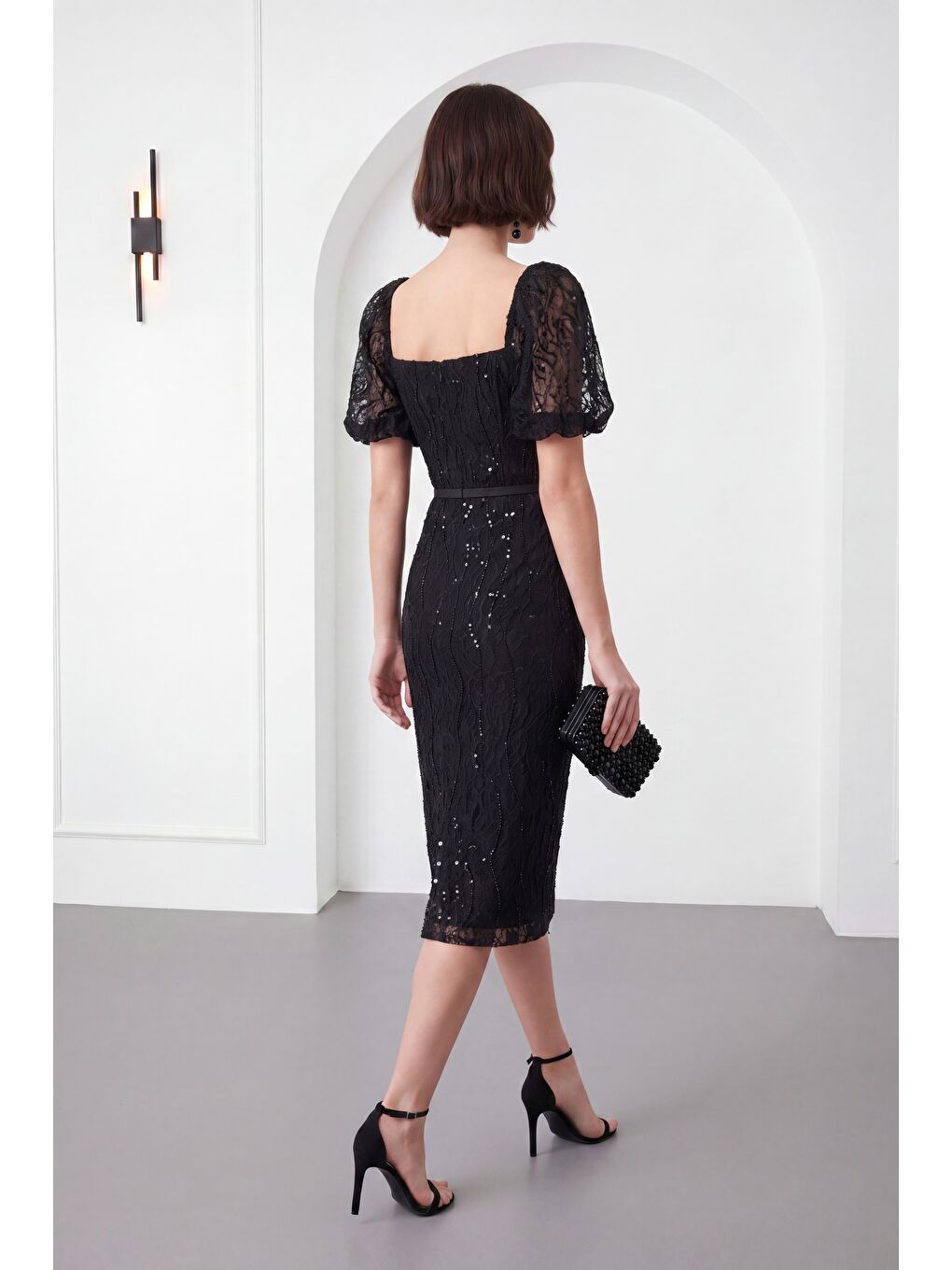 Kadın Siyah Kare Yaka Balon Kol Midi Söz Nişan Nikah Abiye Elbise-5