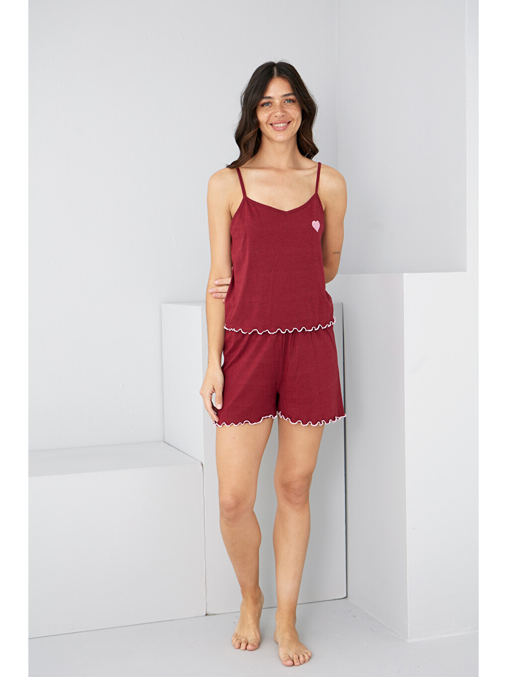 Bordo Kalp Nakışlı İp Askılı Örme Şort Takım7881-1