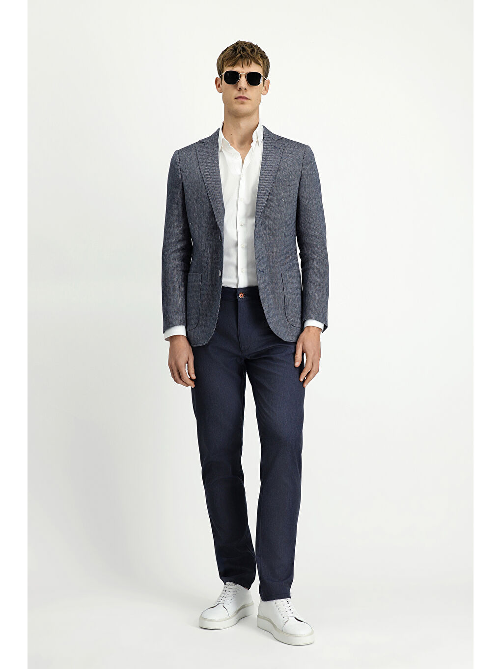 Lacivert Regular Fit Keten Karışımlı Çizgili Spor Ceket-1